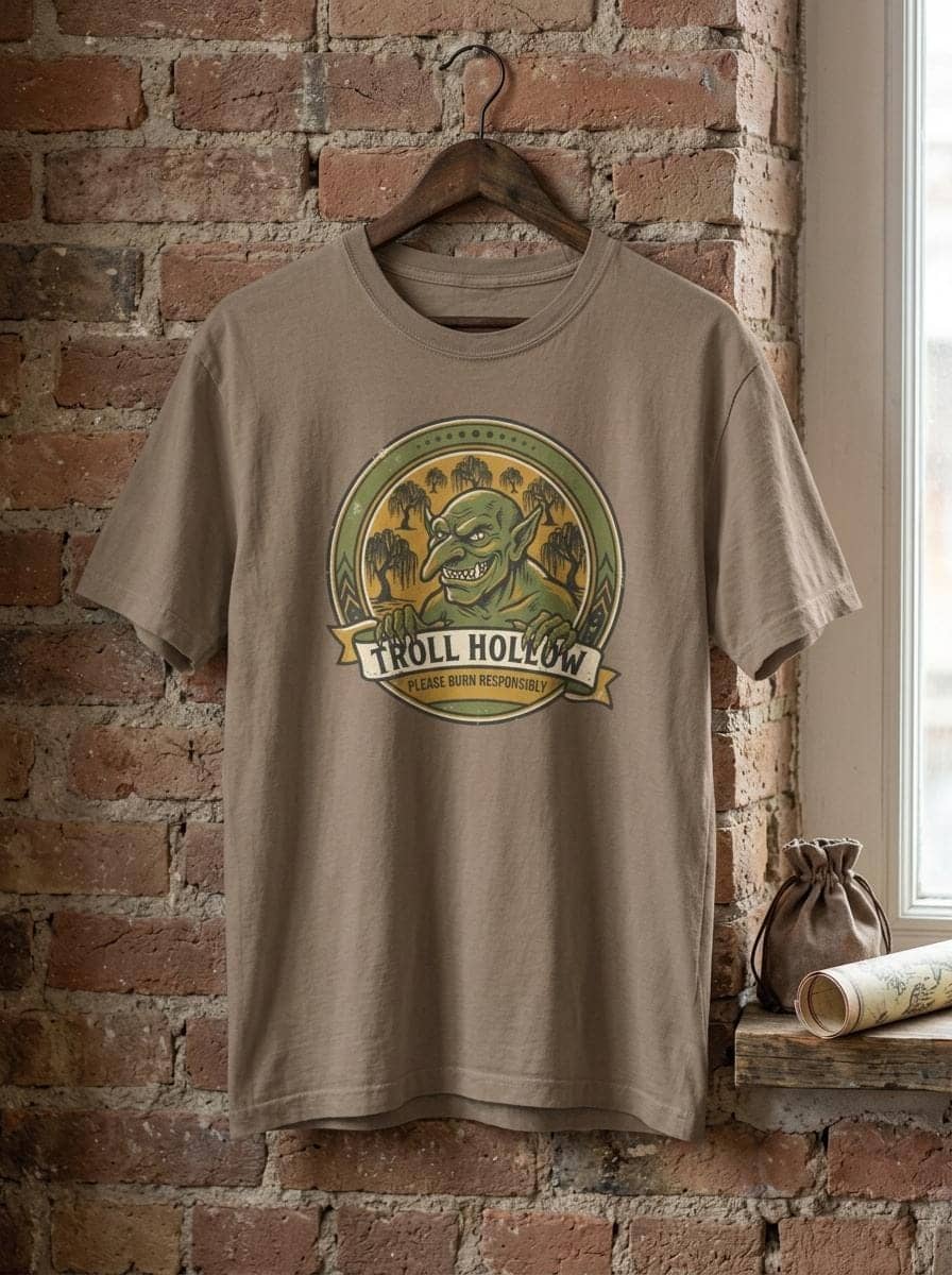 Vintage national park parody tee featuring a gangly swamp troll alongside a deadpan 'Please Burn Responsibly' fire warning for tabletop adventurers exploring monster-infested wetlands, shown on a hanger