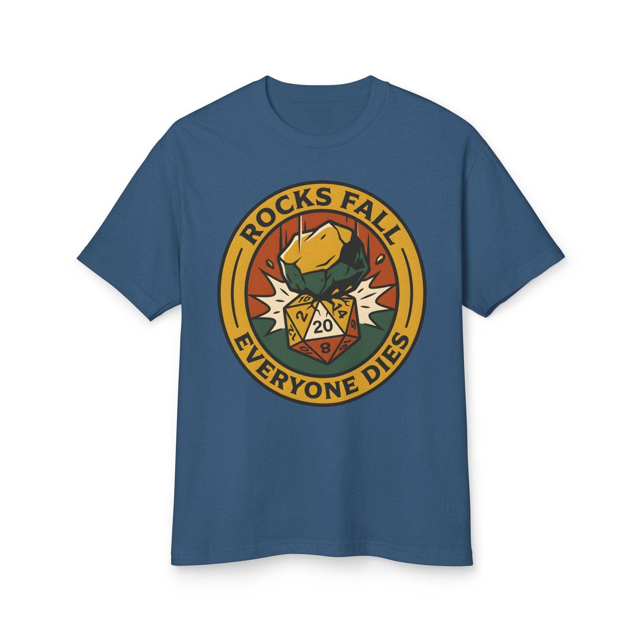 A deadpan tabletop in-joke graphic tee featuring a vintage national-park style emblem where a giant plummeting boulder crushes a d20 die, front view