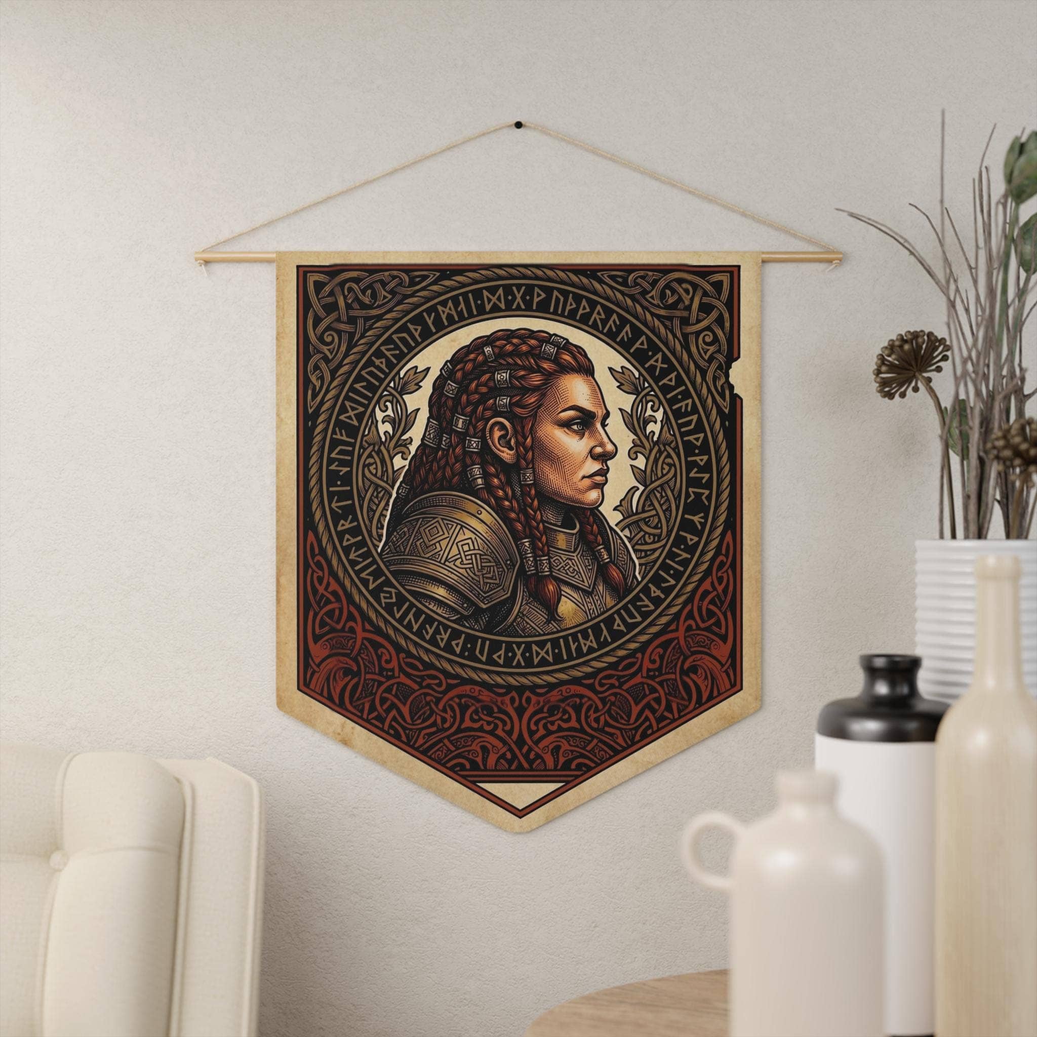 Vintage heraldic female dwarf warrior pennant flag designed to elevate RPG campaign corners and gaming battle stations with authentic medieval heraldry, in a room setting