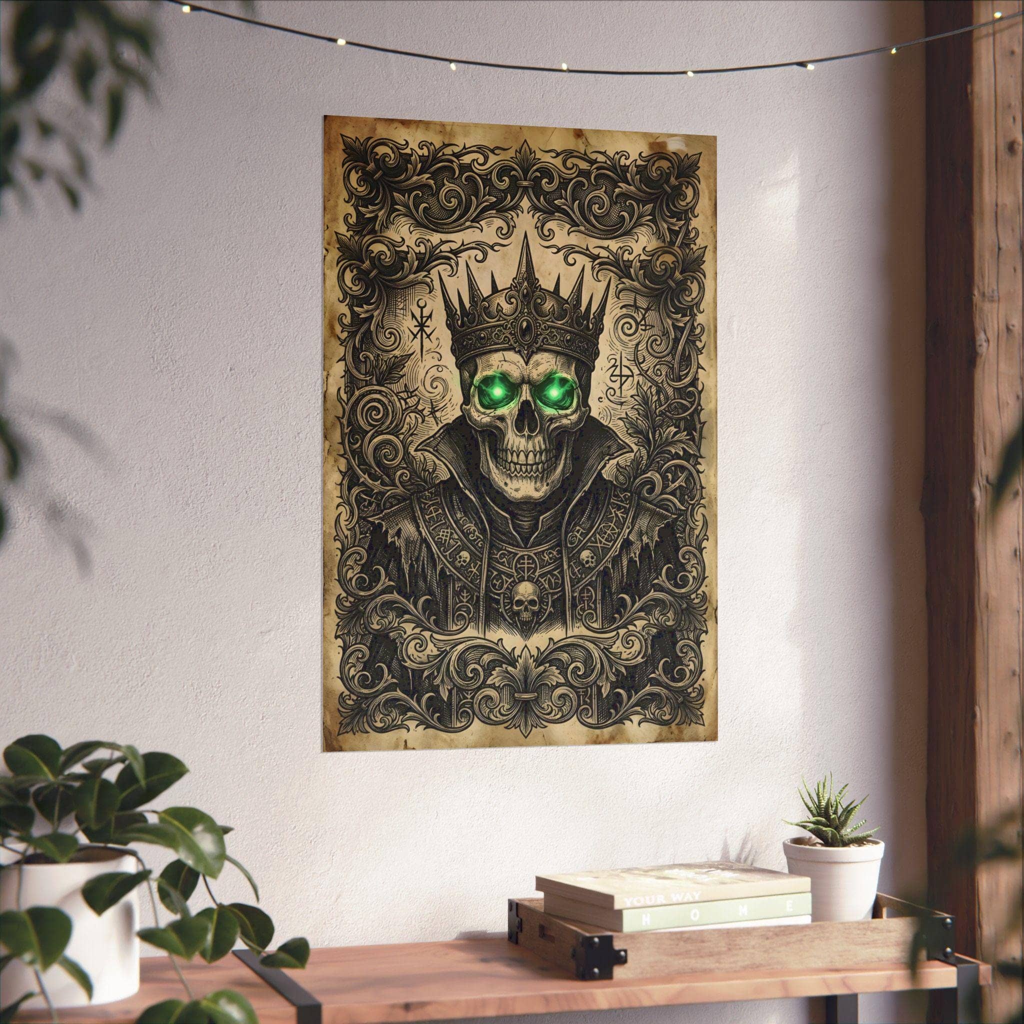 An in-world weathered bounty placard depicting an ancient skeletal sorcerer, in a room setting