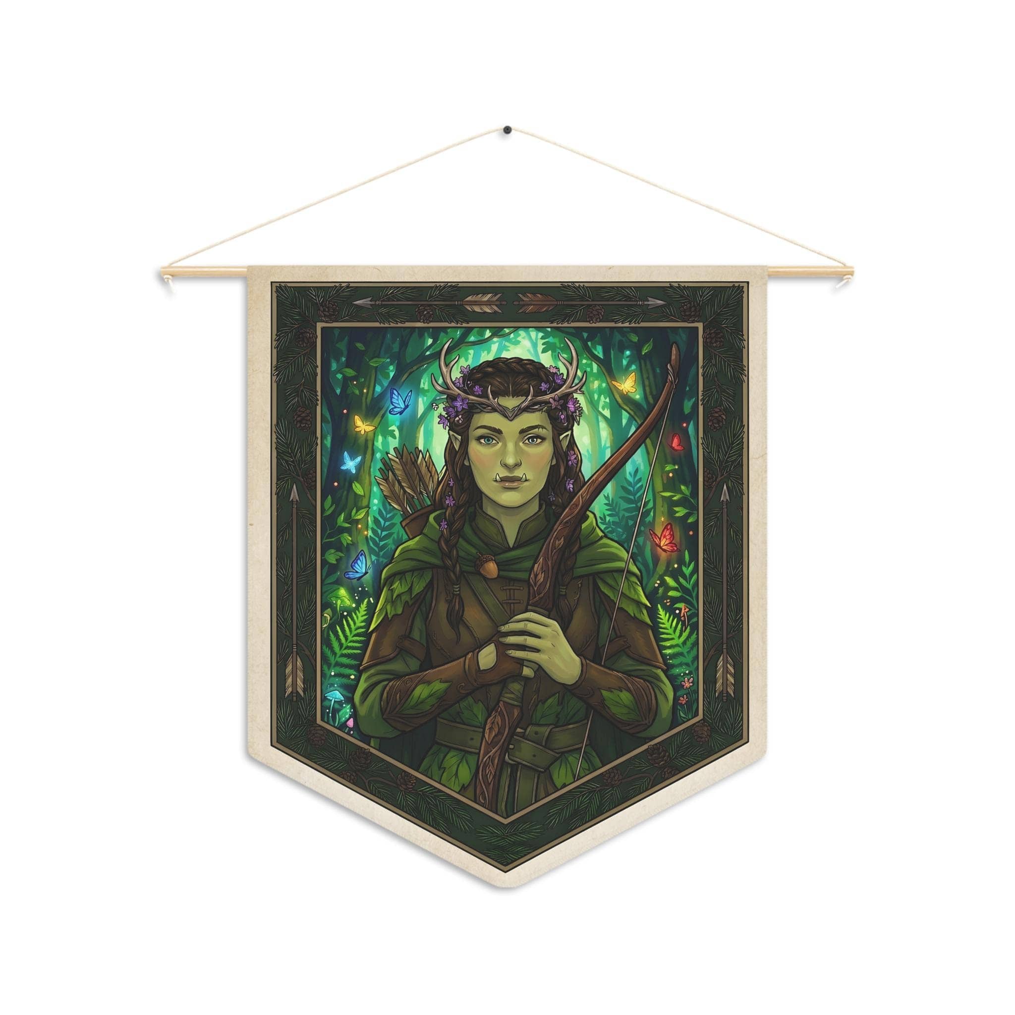 Subverts brutal half-orc tropes with enchanting Feywild cottagecore charm, printed on a pennant, front view