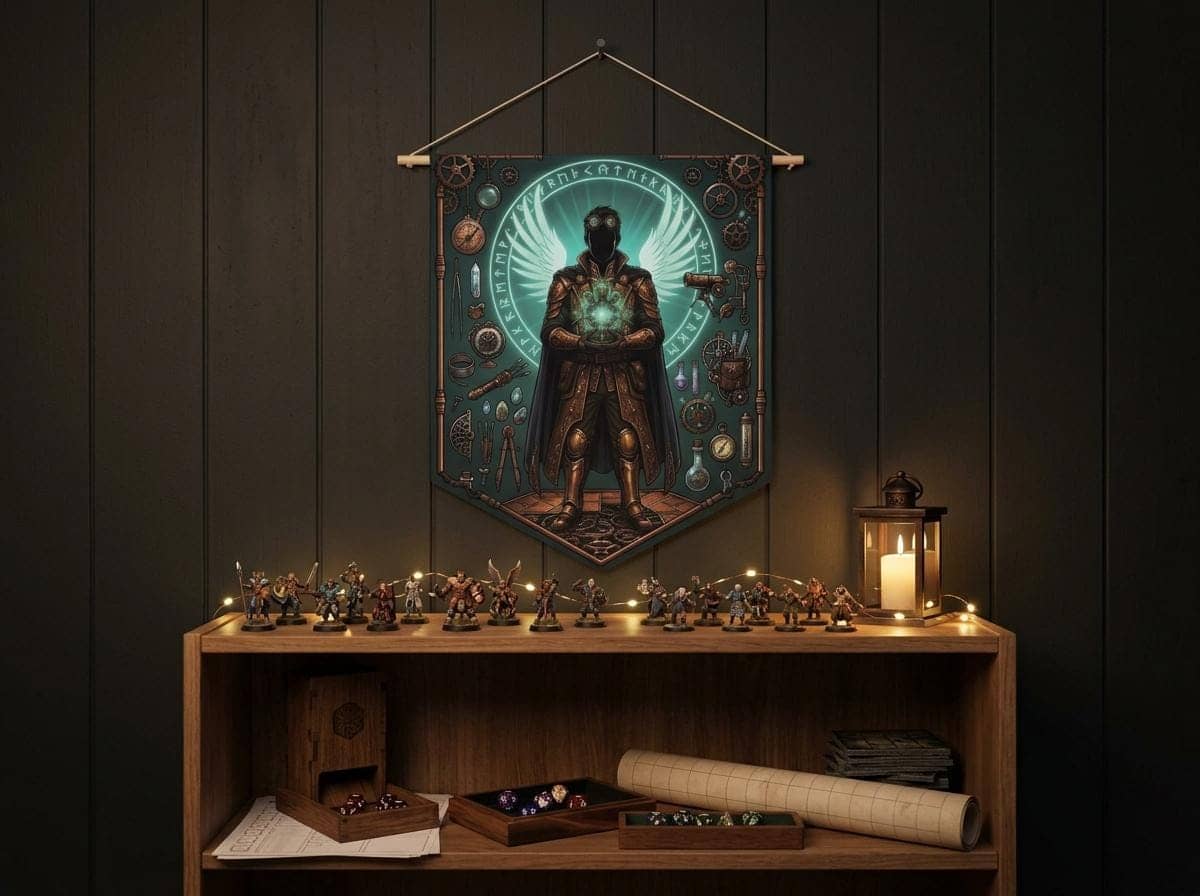 Radiant male aasimar artificer surrounded by arcane gadgets, tinkering tools, and celestial light on a premium pennant, shown on the wall above a bookshelf