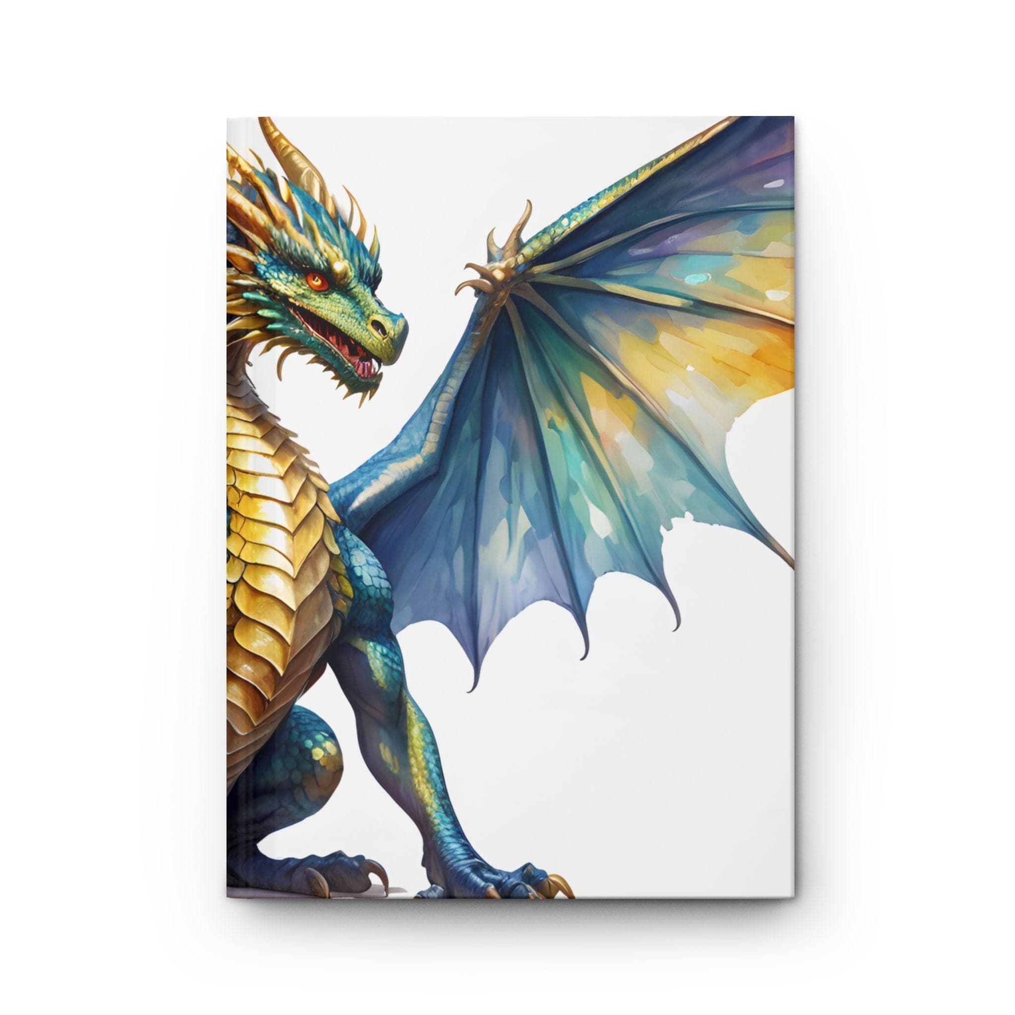 A beautifully designed journal featuring a majestic dragon surrounded by treasure, front view