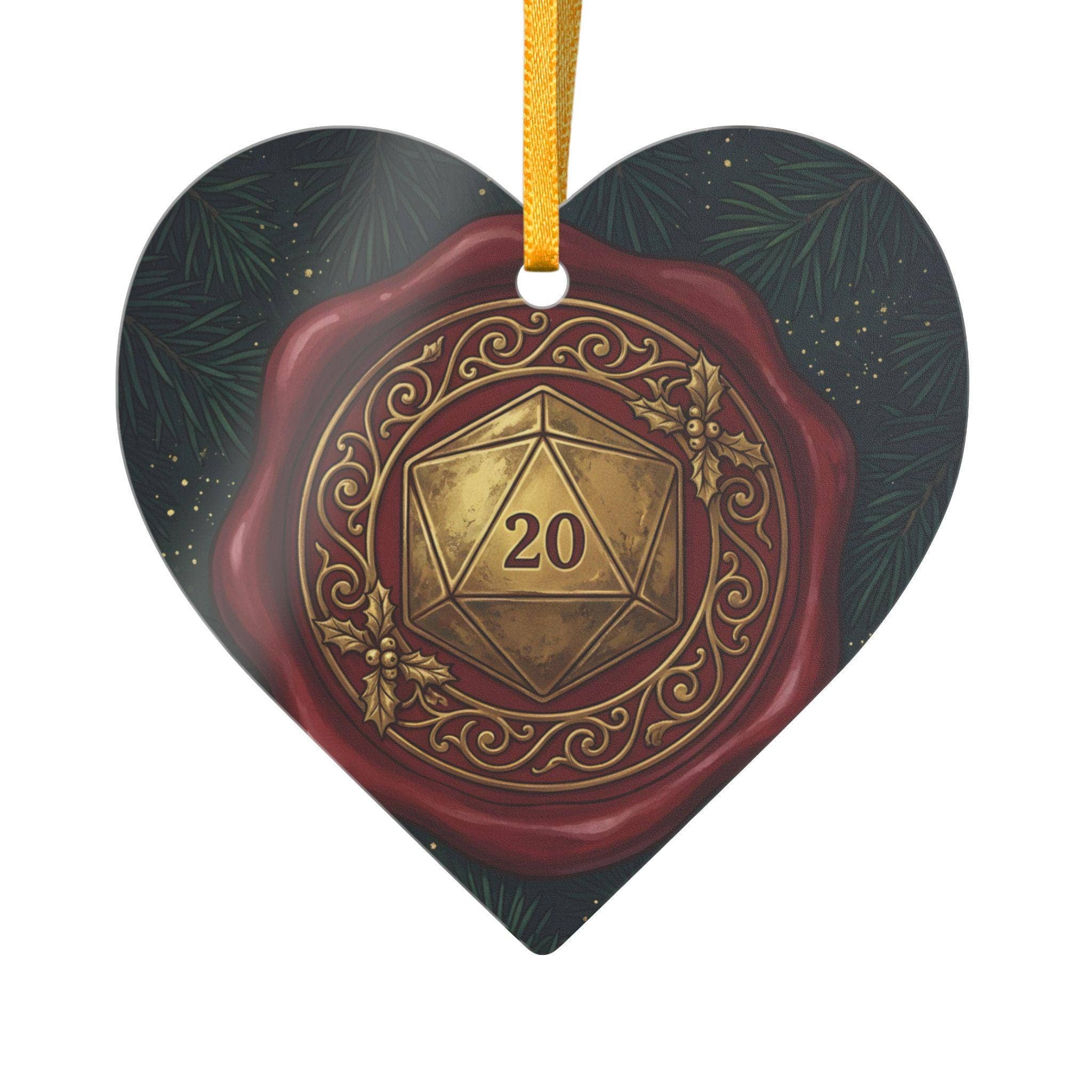 A round ceramic holiday ornament rendered as an ornate adventurers' guild wax seal with a gilded D20, front view