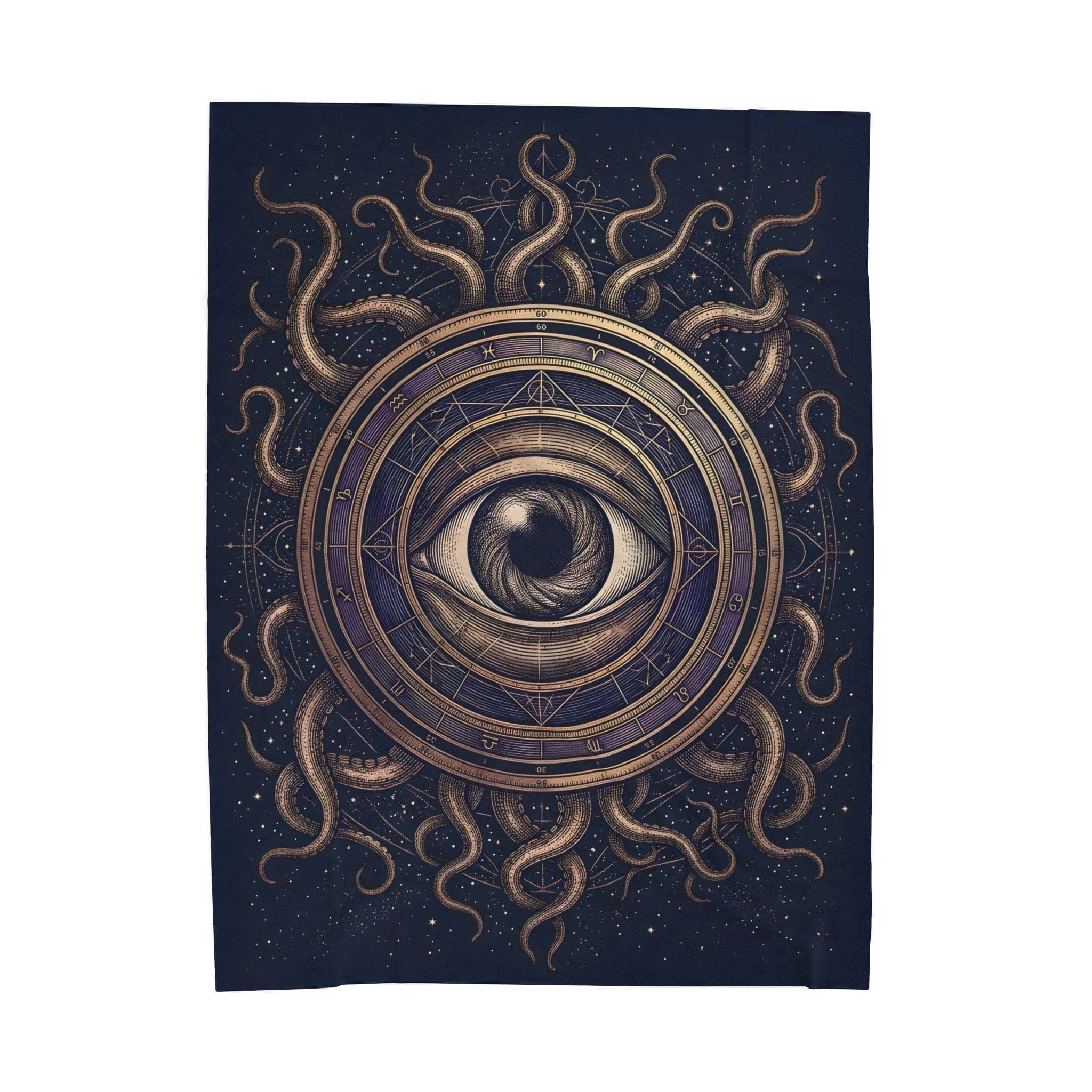 An atmospheric, oversized gaming throw blanket featuring an intricate cosmic horror warlock patron seal that upgrades game rooms and fall campaign nights, front view