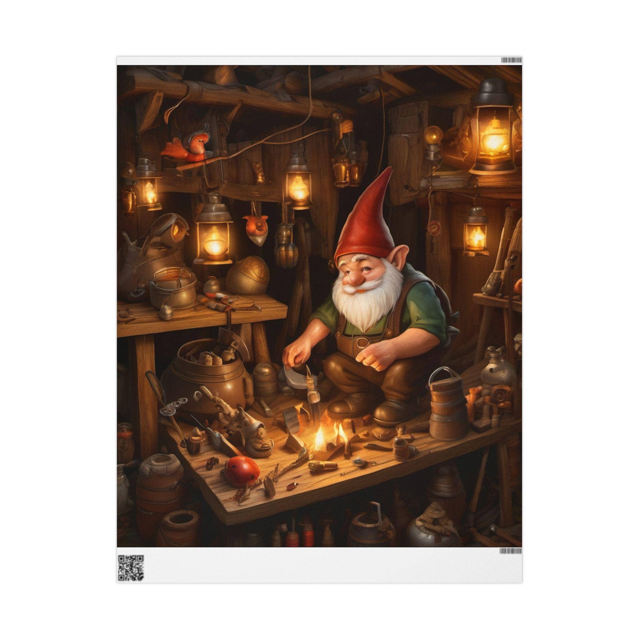 A wrapping paper design featuring a whimsical gnome workshop from the tabletop roleplaying universe
