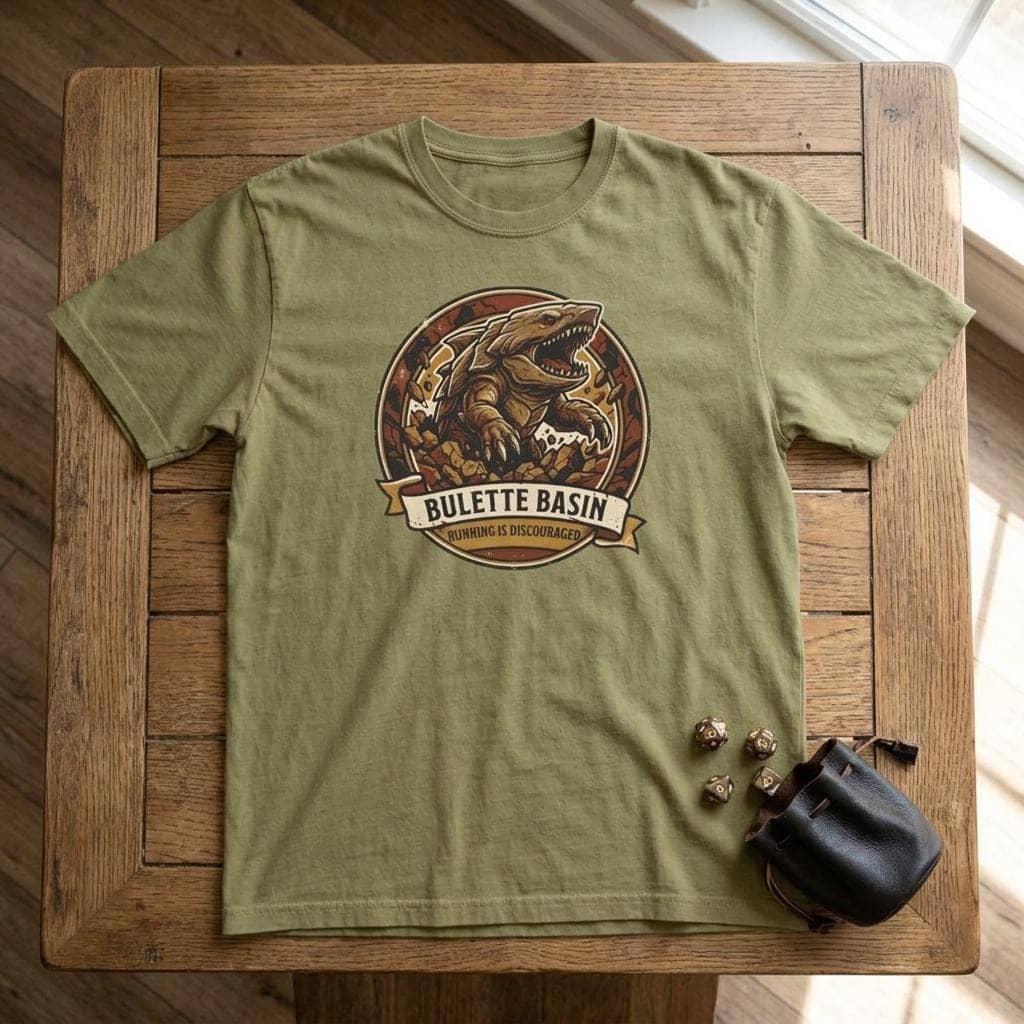Vintage national park souvenir graphic tee featuring tabletop gaming's armored landshark burrower, paired with deadpan trail advice warning adventurers that running only draws its tremorsense, shown laid flat among dice