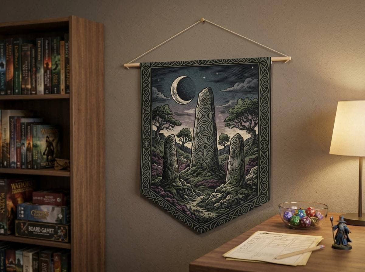 Vintage woodcut-style felt wall banner featuring an ancient runic monolith henge under a crescent moon, shown on a game room wall