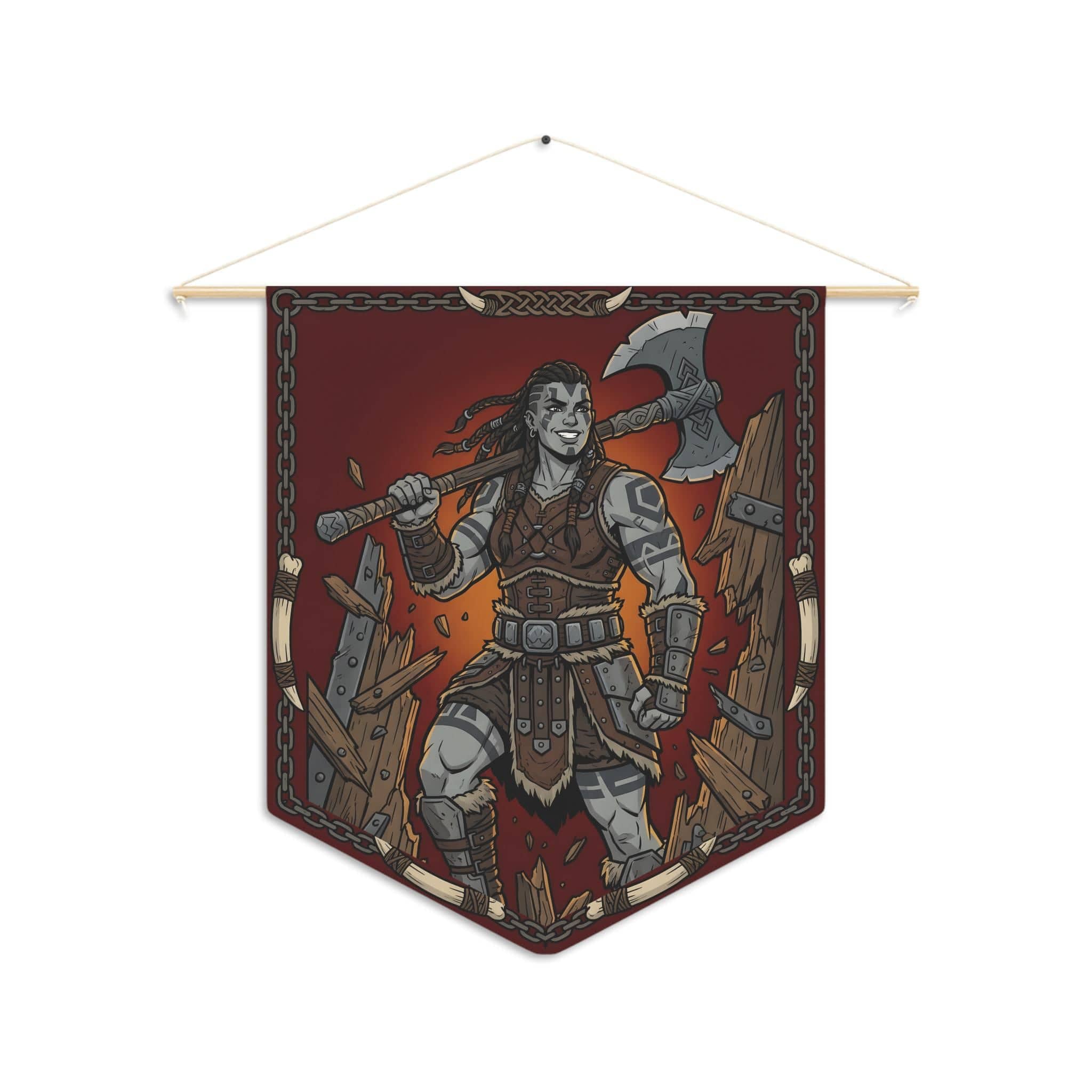 Bold, humorous game room wall pennant celebrating the iconic brute-force moment when the barbarian kicks the dungeon door off its hinges instead of picking the lock, front view