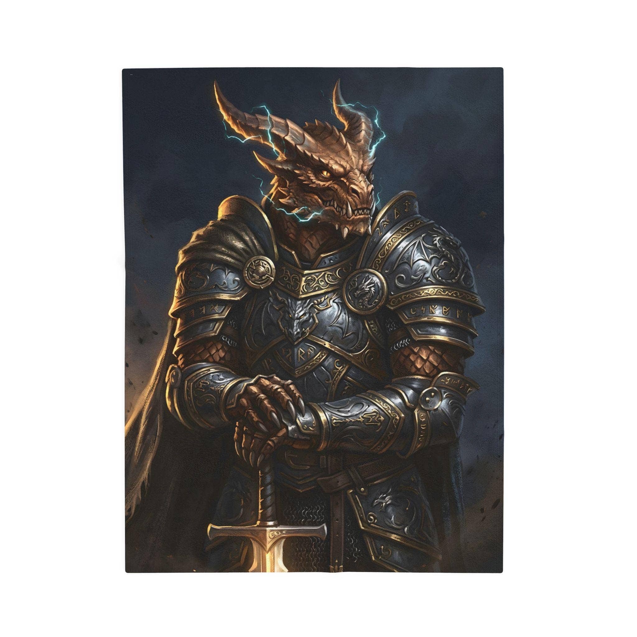 A plush fantasy throw blanket spotlighting a fierce bronze dragonborn paladin in etched plate armor, built to keep tabletop adventurers warm during long campaign sessions while doubling as dramatic game room wall or couch decor, front