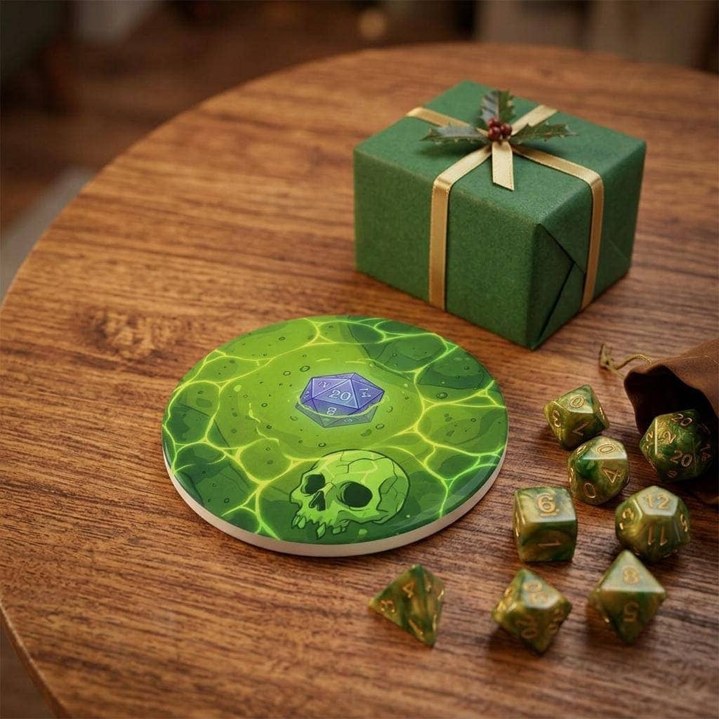 A square high-gloss drink coaster designed to look like a direct top-down view into a translucent acidic gelatinous cube trapping sunken dice and adventurer bones, serving as a witty spill hazard for campaign nights, shown as a gift
