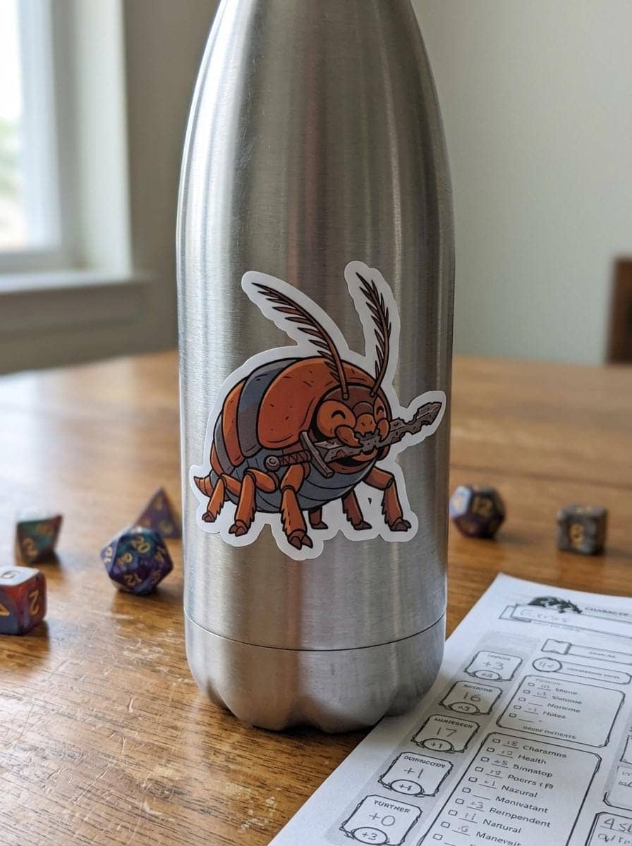 An inside-joke badge sticker depicting tabletop gaming's most feared blade-eating pest, shown on a water bottle