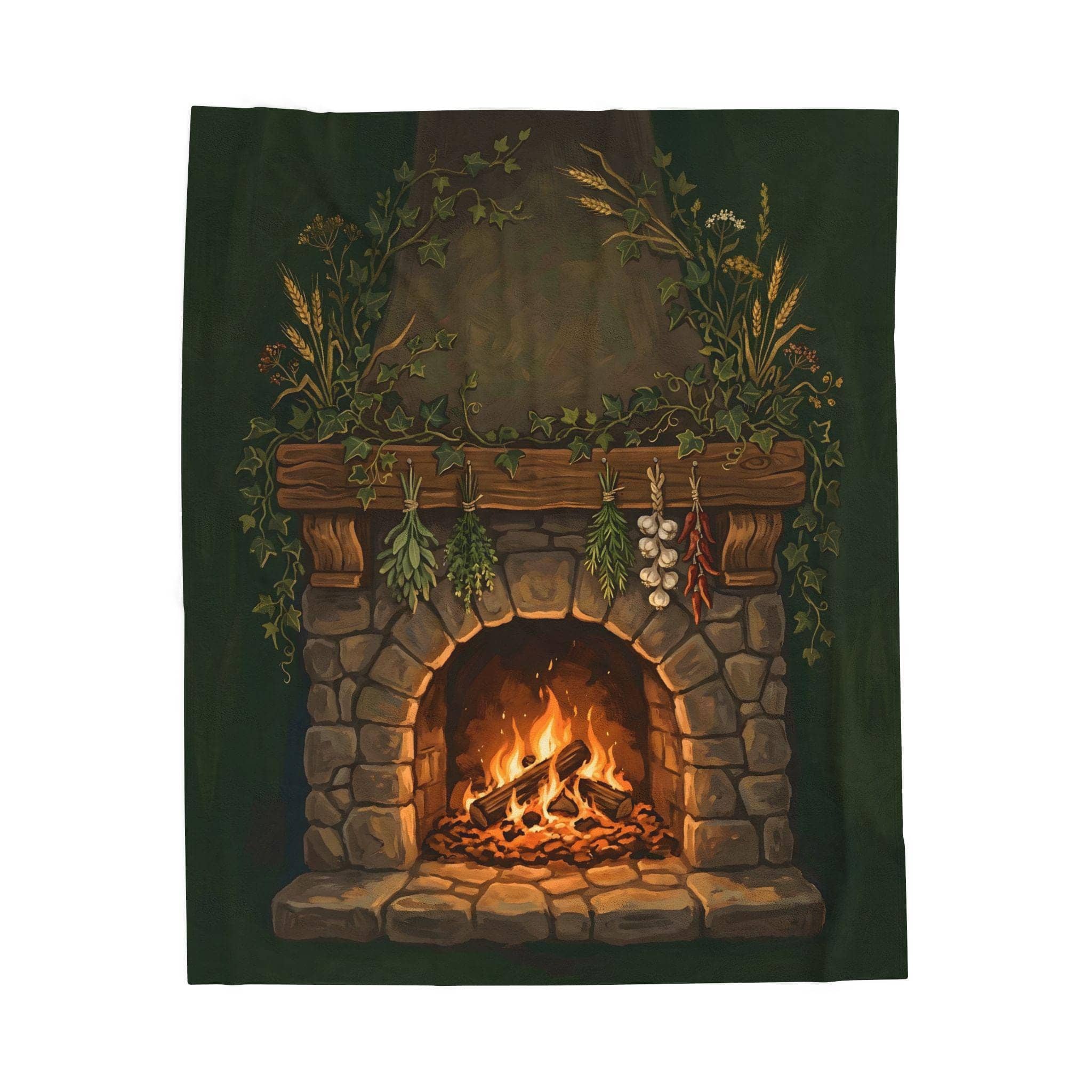 An ultra-soft fleece throw blanket illustrated as a warm halfling tavern hearth, front view