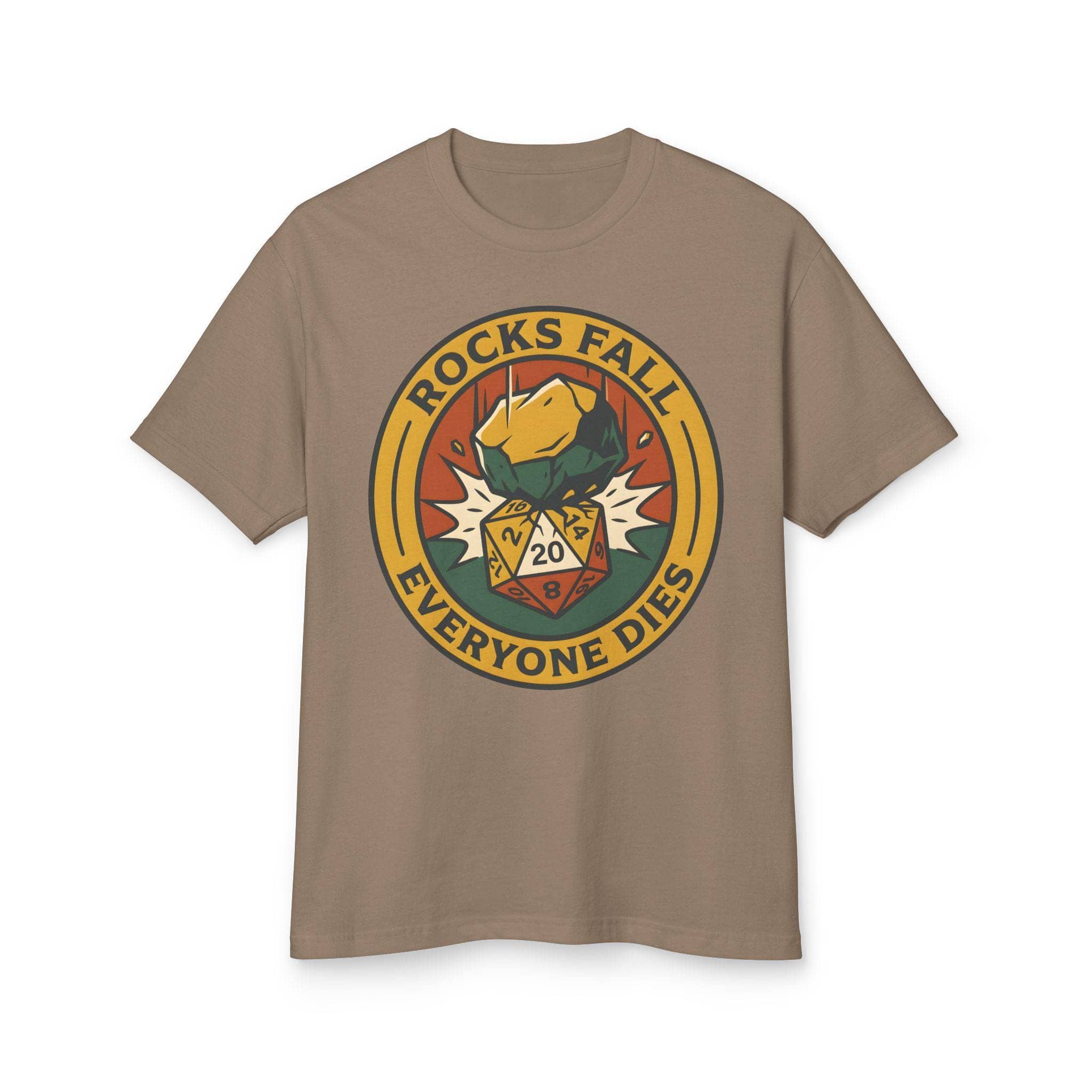 A deadpan tabletop in-joke graphic tee featuring a vintage national-park style emblem where a giant plummeting boulder crushes a d20 die, front view