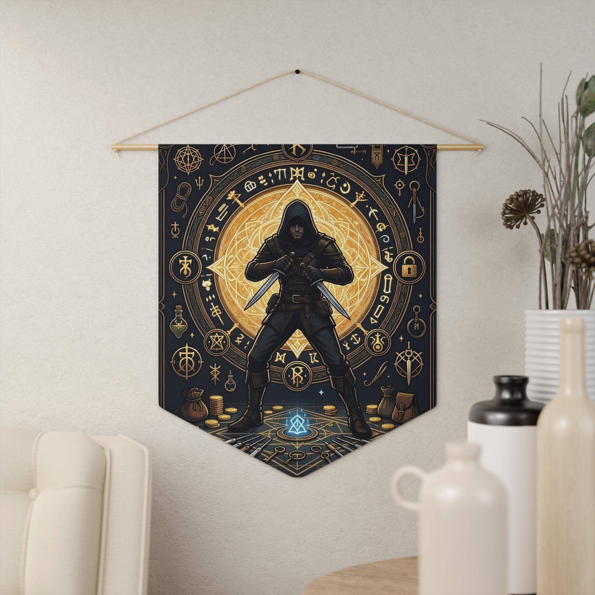 Cunning male human rogue illustration framed by shadowy arcane runes, twin daggers, and thieves' tools on a premium pennant, in a room setting