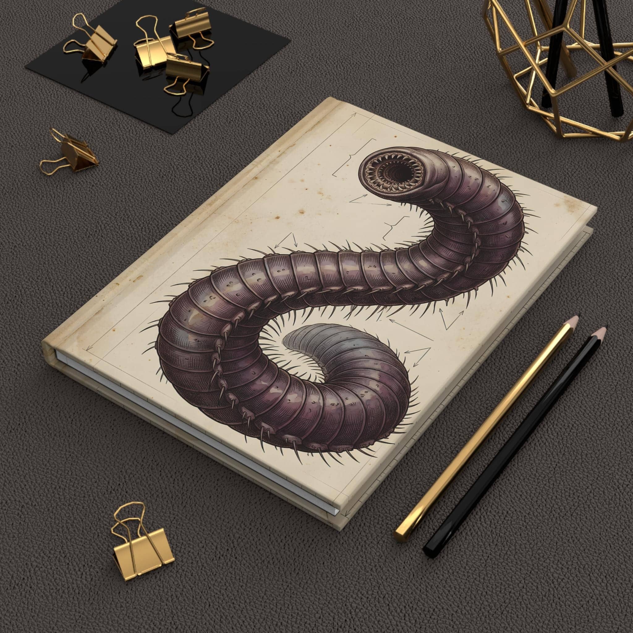 An in-world Underdark naturalist journal cover depicting an authentic specimen study of the gargantuan Purple Worm, in a room setting