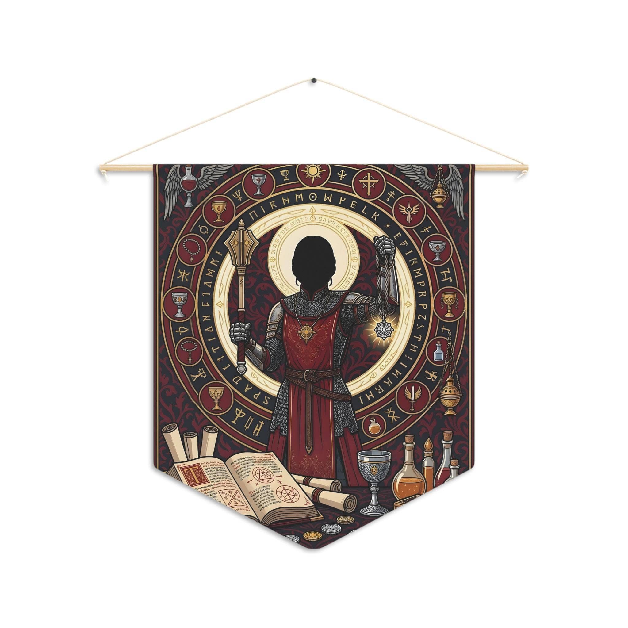 Divine fantasy female cleric illustration framed by glowing ivory sacred circles and holy relics, printed on a pennant, front view