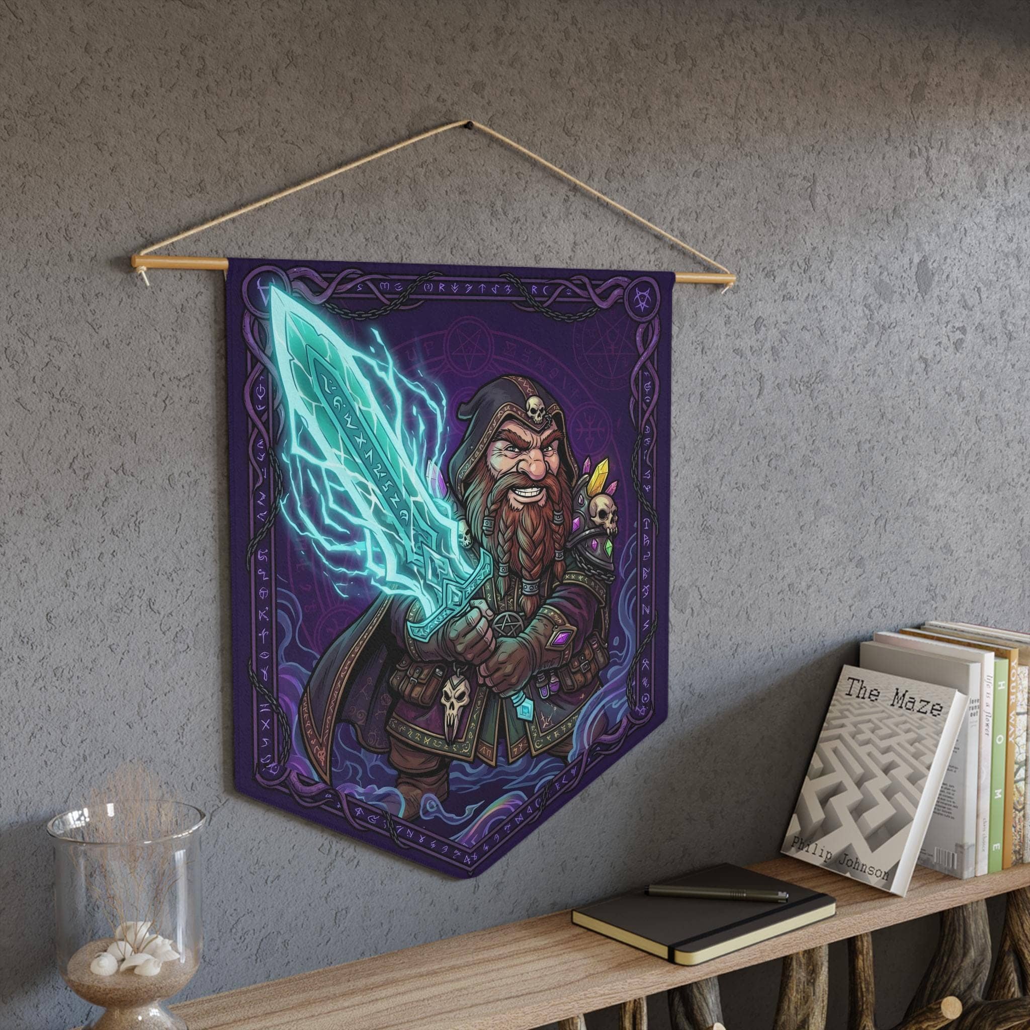 Graphic fantasy felt-style pennant featuring a fierce gnome warlock channeling a massive cyan spectral greatsword, in a room setting
