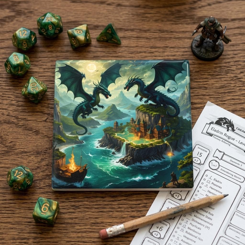 Epic Dragon Castle Coaster, Gift for Fantasy Lovers, Digital Painting Adventure Scene