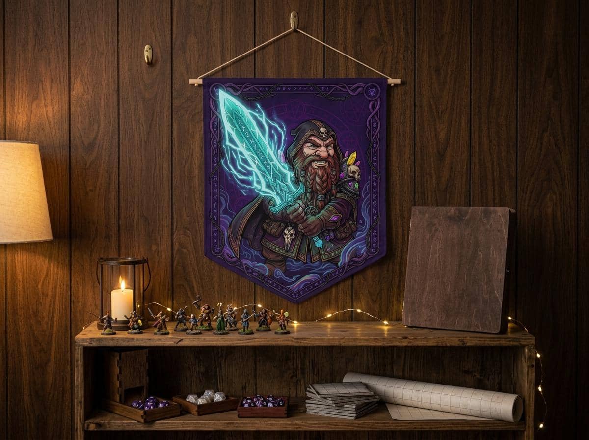 Graphic fantasy felt-style pennant featuring a fierce gnome warlock channeling a massive cyan spectral greatsword, shown on the wall above a bookshelf