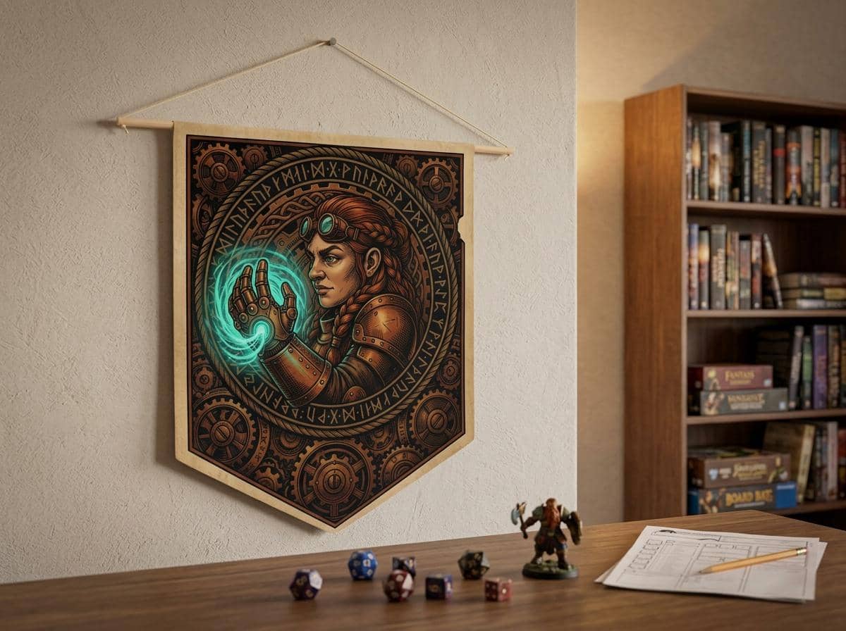 Vintage heraldic dwarf artificer pennant flag designed to elevate RPG campaign corners and gaming battle stations with authentic magical engineering heraldry, shown on a game room wall