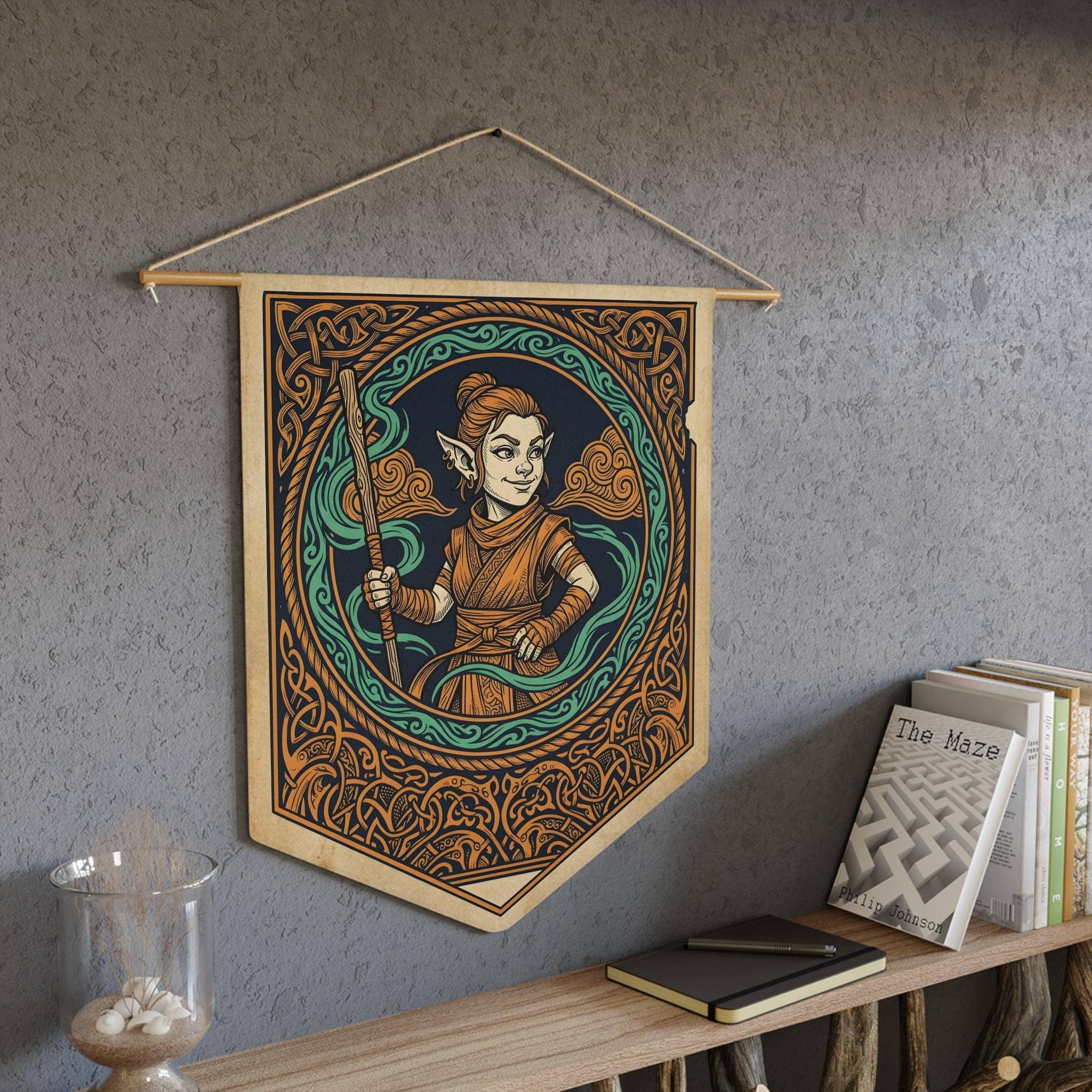 Vintage heraldic gnome monk pennant flag designed to elevate RPG campaign corners and gaming battle stations with authentic medieval heraldry and serene martial ki, in a room setting
