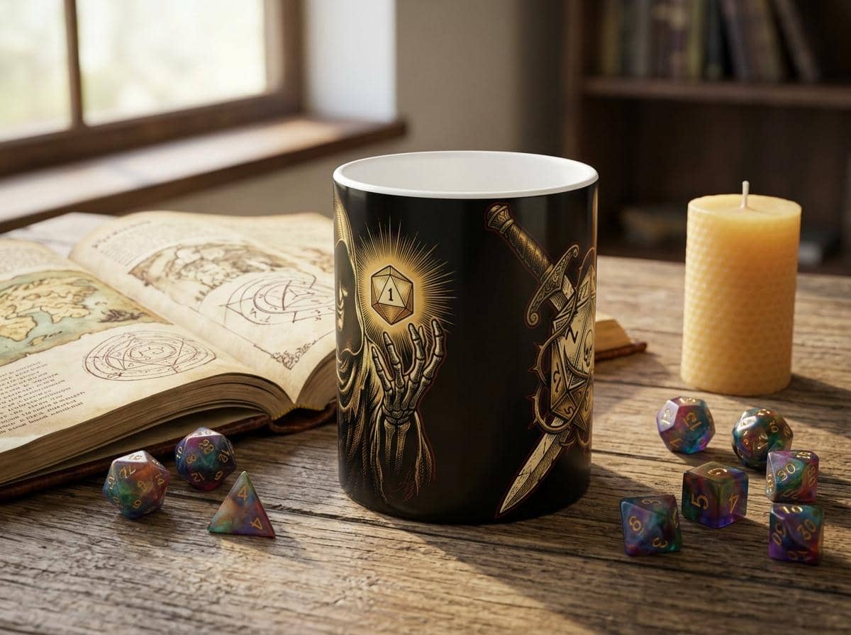 A tension-filled ceramic coffee cup emblazoned with 'Are You Sure?'—the four words every tabletop party dreads—engineered as the ultimate in-joke appreciation gift for campaign leaders, shown on a desk beside an open rulebook