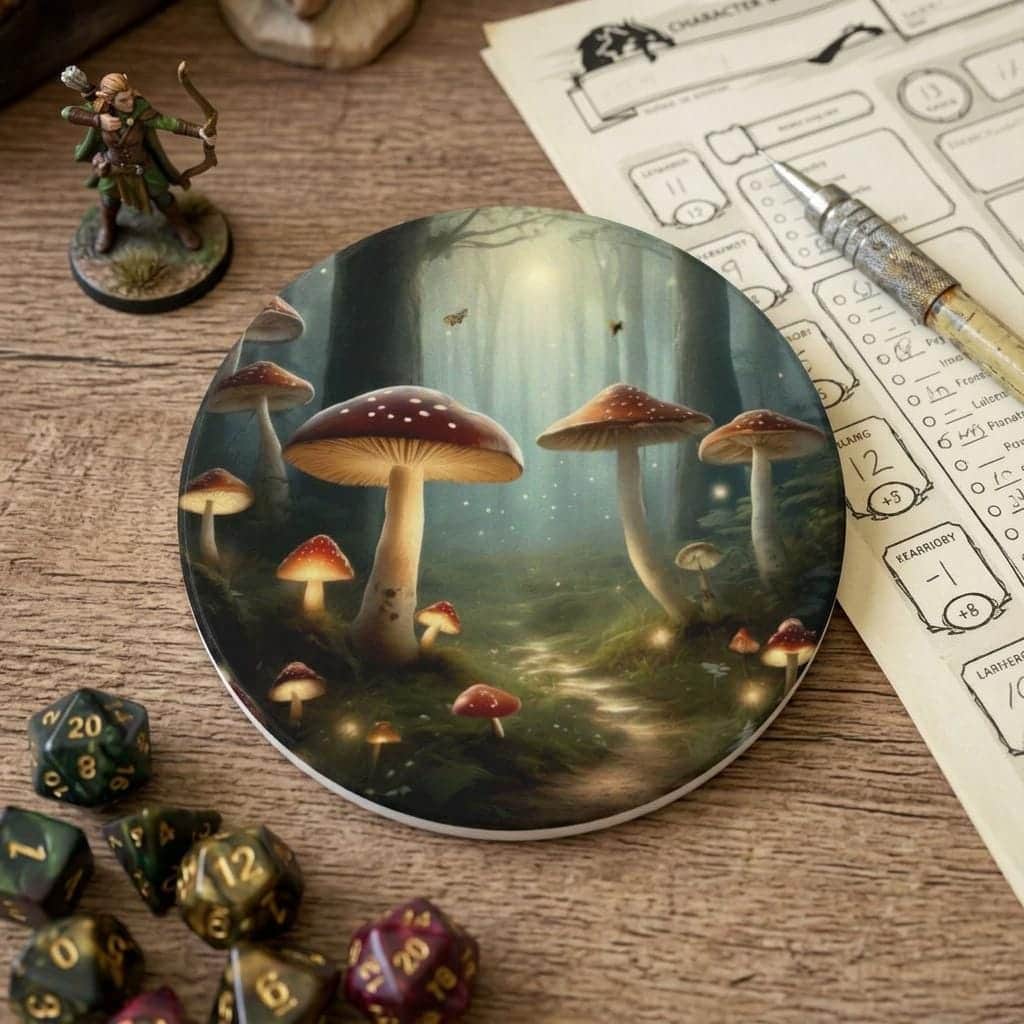 A set of coasters featuring an enchanted forest scene, shown on the game table among dice and character sheets