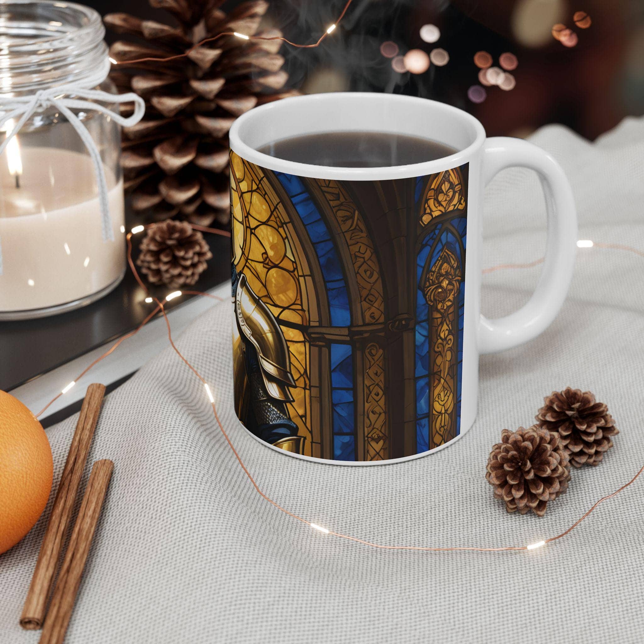 A beautifully illustrated mug that embodies the code of a paladin, in a room setting