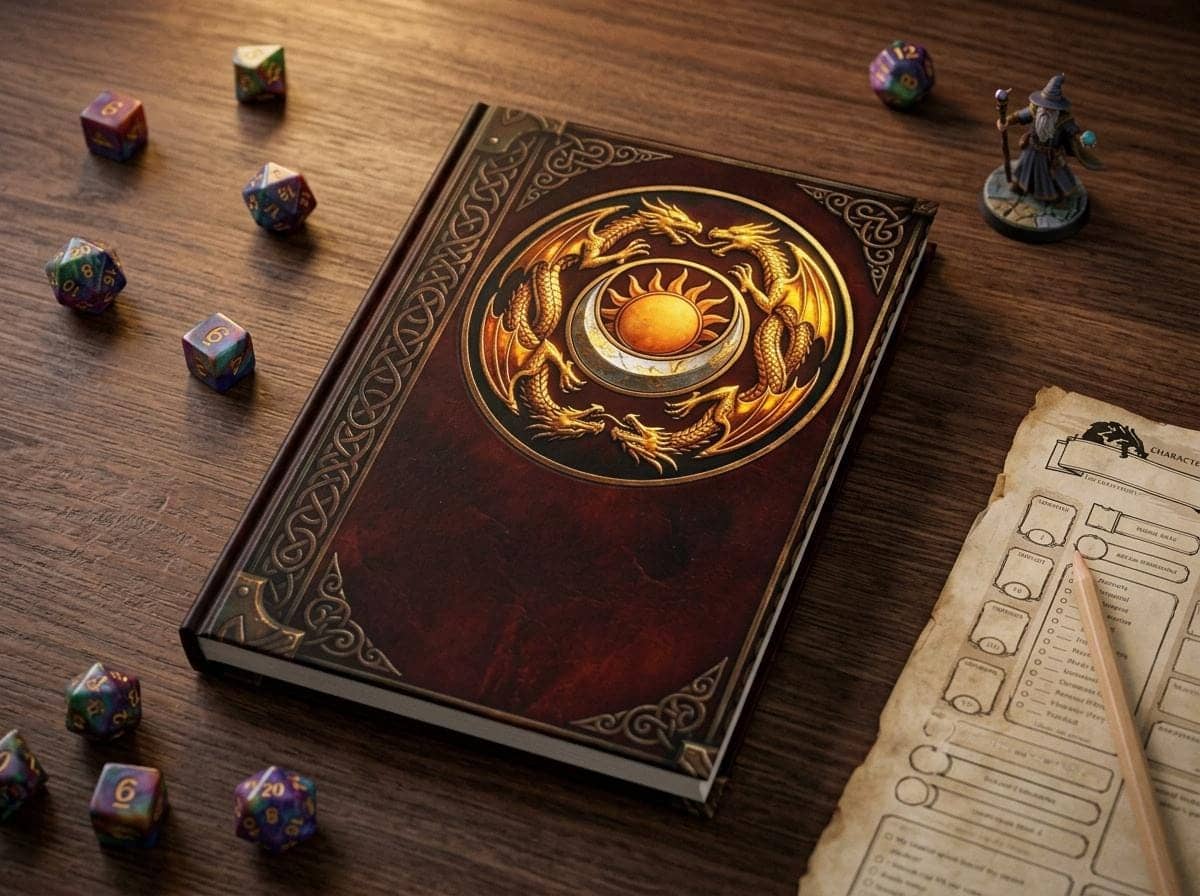 Hardcover ruled fantasy campaign journal designed as an ancient pact tome, shown on the game table among dice and character sheets