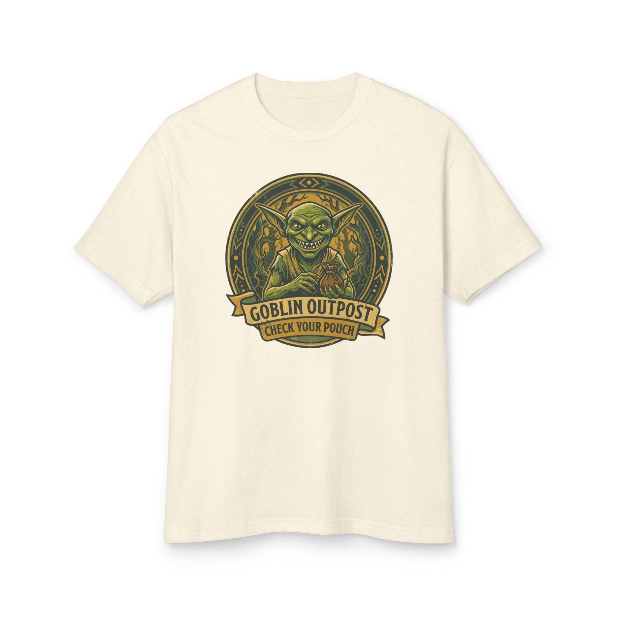 Deadpan national park style graphic tee warning tabletop adventurers to guard their coin pouches from grinning goblin scavengers, front view