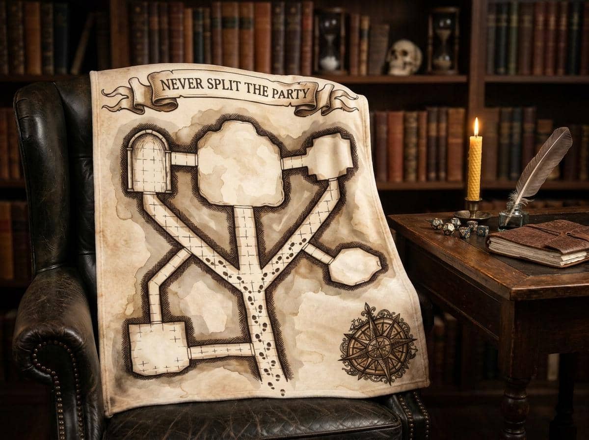 Turn tabletop disaster into cozy game room comfort with an aged parchment dungeon map throw blanket that immortalizes the cardinal rule of adventuring, shown draped over a study armchair