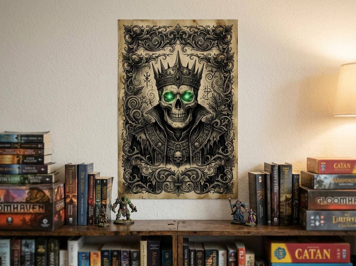An in-world weathered bounty placard depicting an ancient skeletal sorcerer