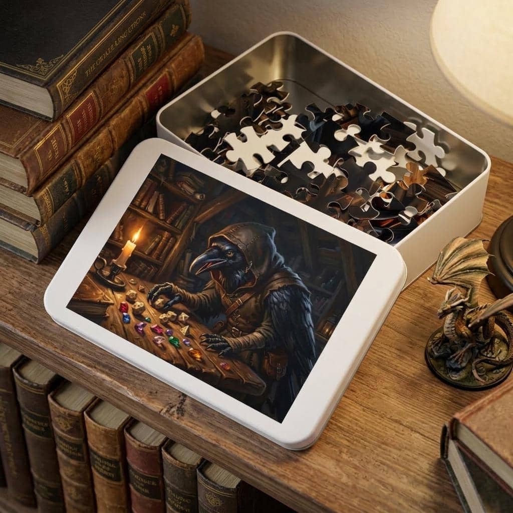 A richly rendered fantasy jigsaw puzzle showcasing an inquisitive raven-folk rogue sorting through a glittering hoard of polyhedral dice and stolen gems, shown on a shelf
