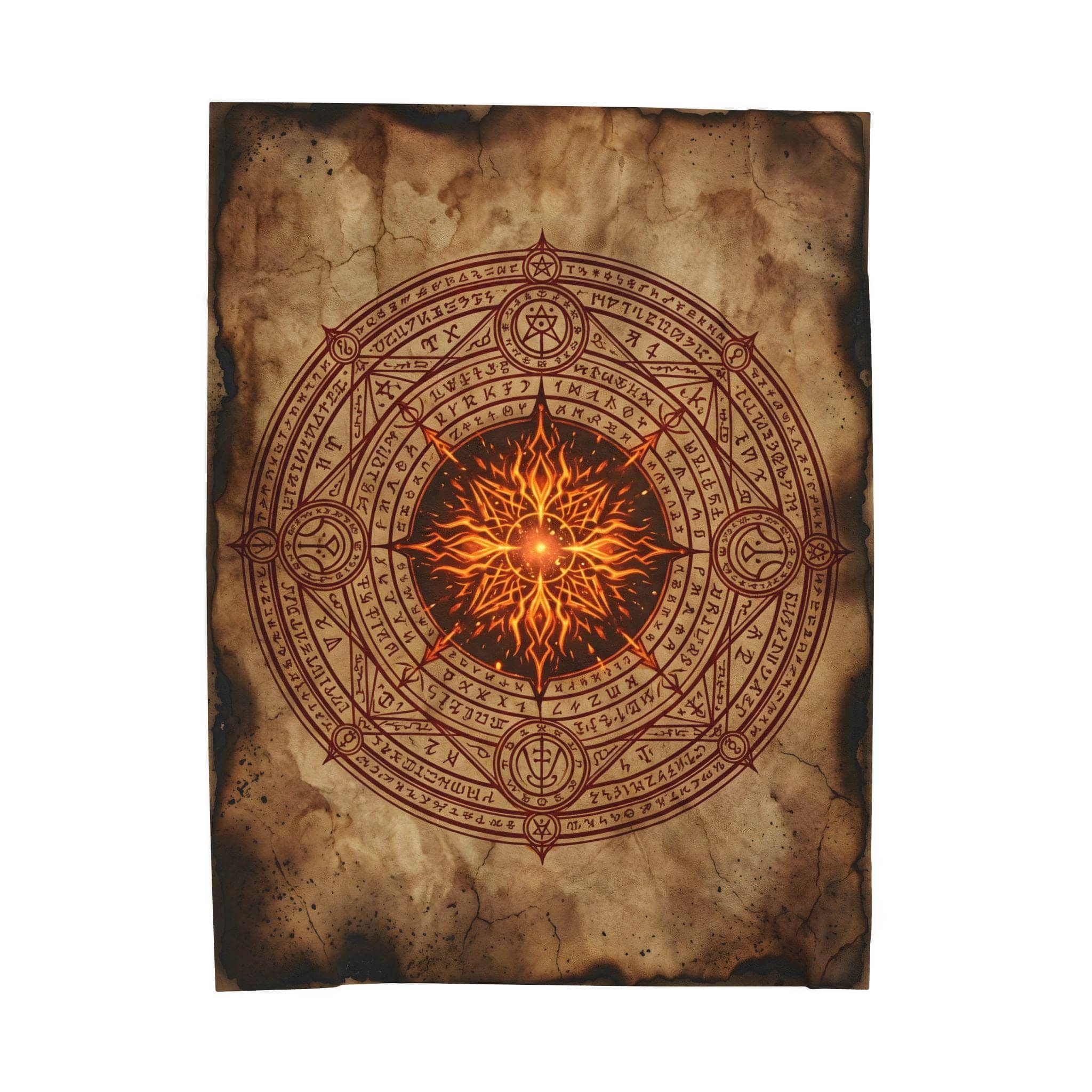 An oversized cozy fleece throw illustrated edge-to-edge as an ancient, singed arcane scroll casting 8d6 Fireball, front view