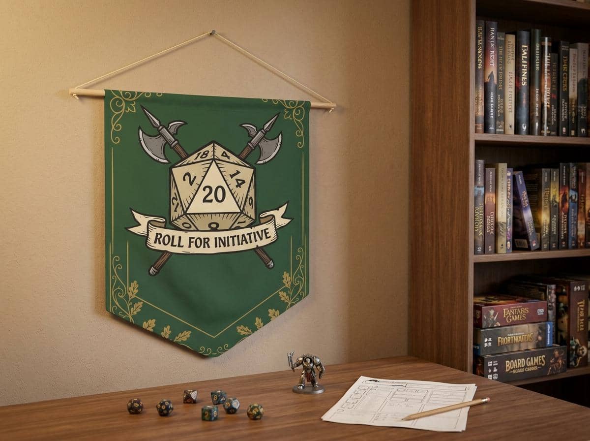 An authentic tavern-inspired heraldic battle cry banner designed to mark game room territory, solving the search for high-impact Dungeon Master appreciation and game night housewarming gifts, shown on a game room wall