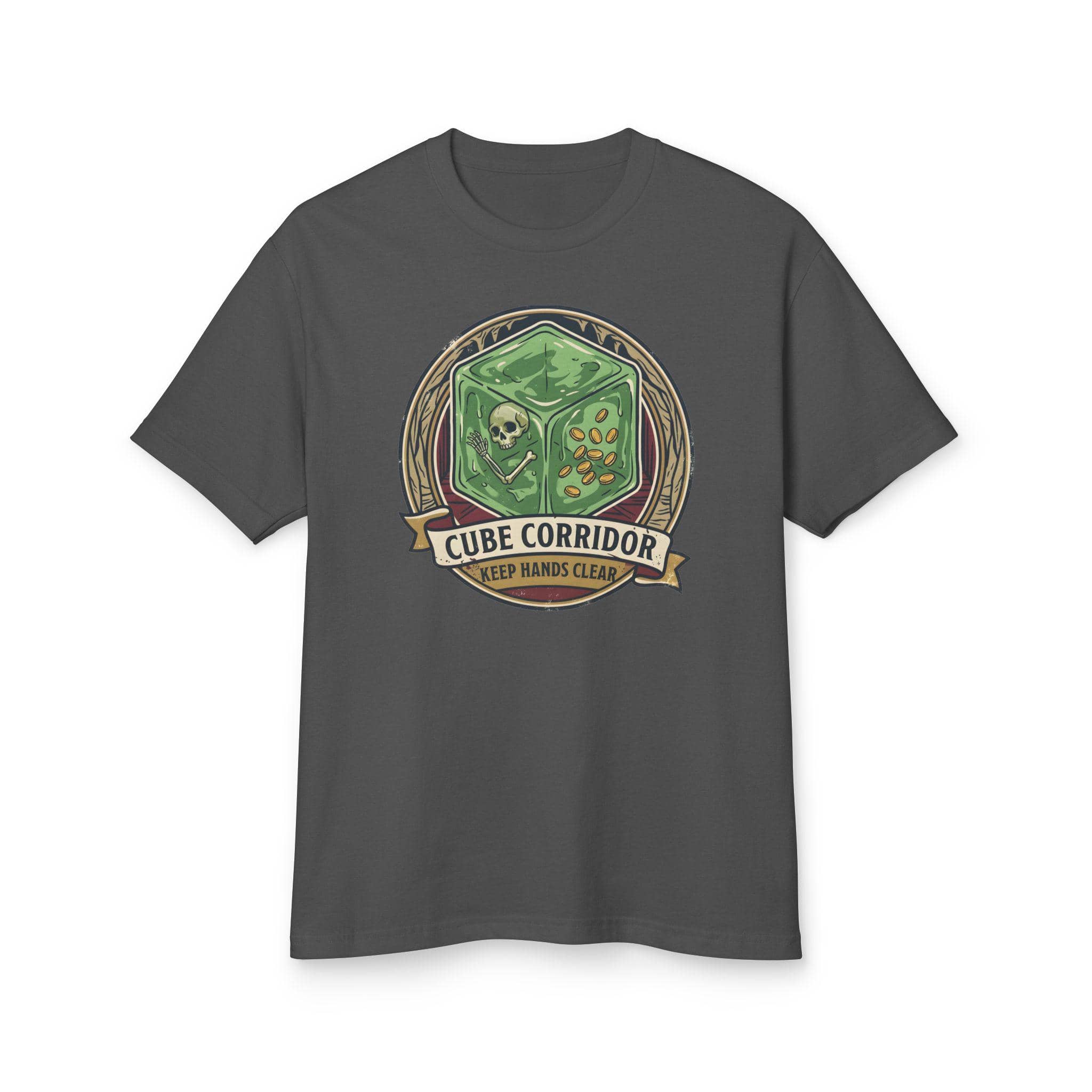 Vintage national park warning graphic tee featuring tabletop gaming's iconic translucent dungeon ooze alongside a deadpan caution sign for adventurers who touch strange corridor walls, front view