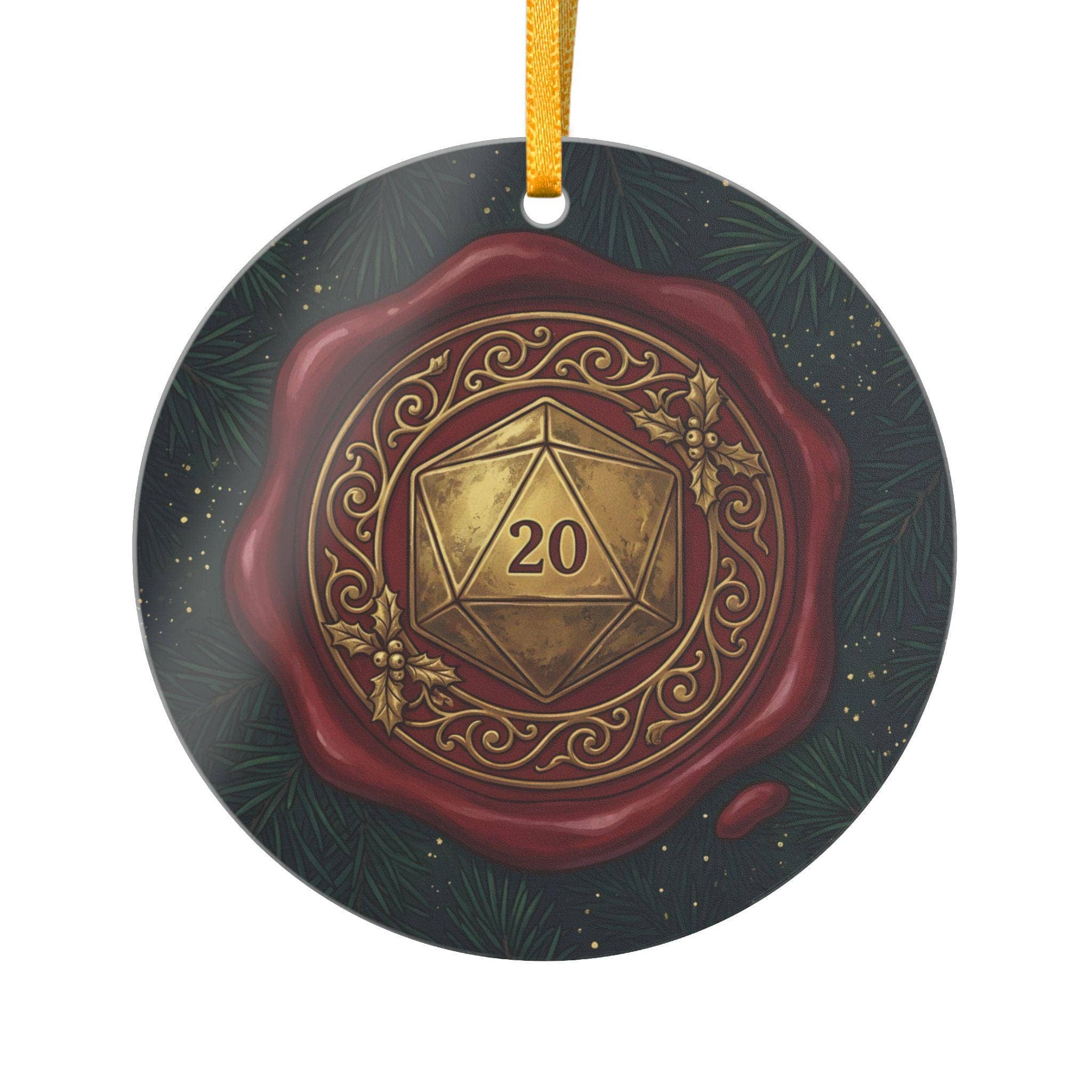 A round ceramic holiday ornament rendered as an ornate adventurers' guild wax seal with a gilded D20, front view