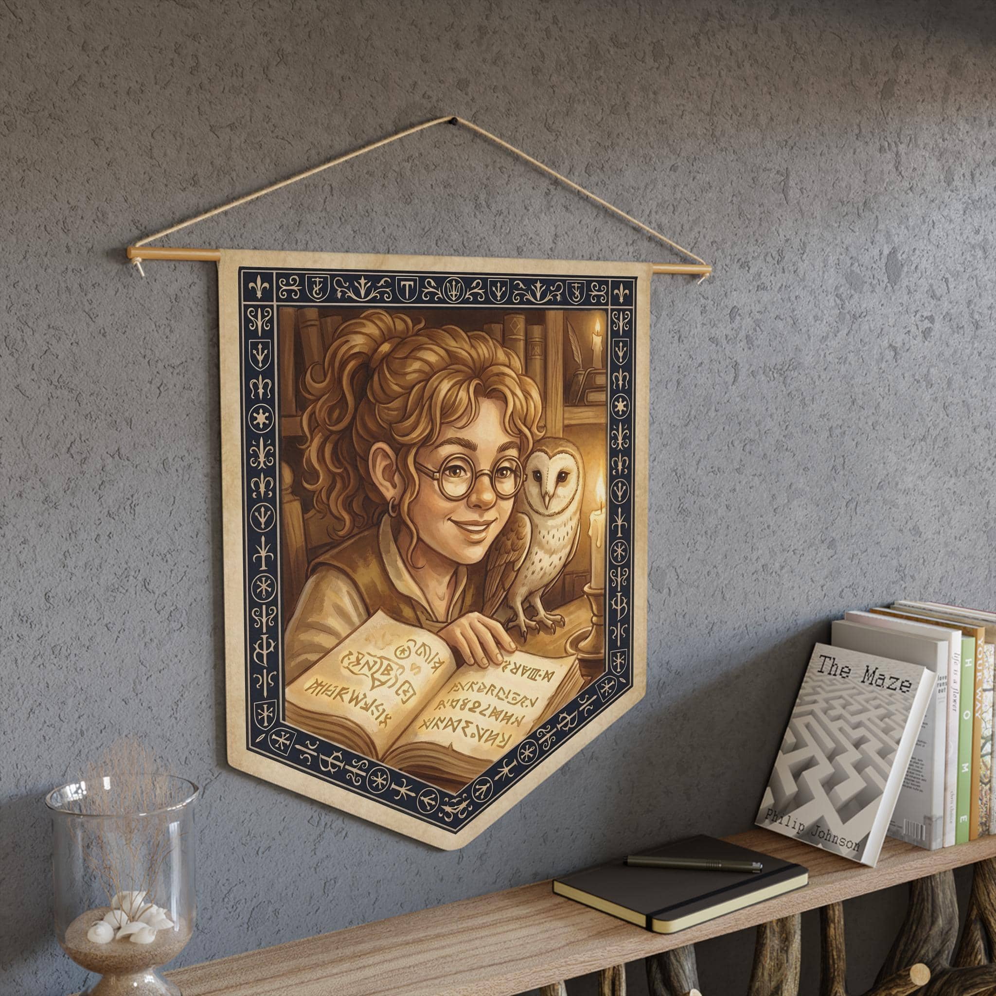 A cozy canvas pennant celebrating the bond between a halfling wizard and her feathered familiar, in a room setting