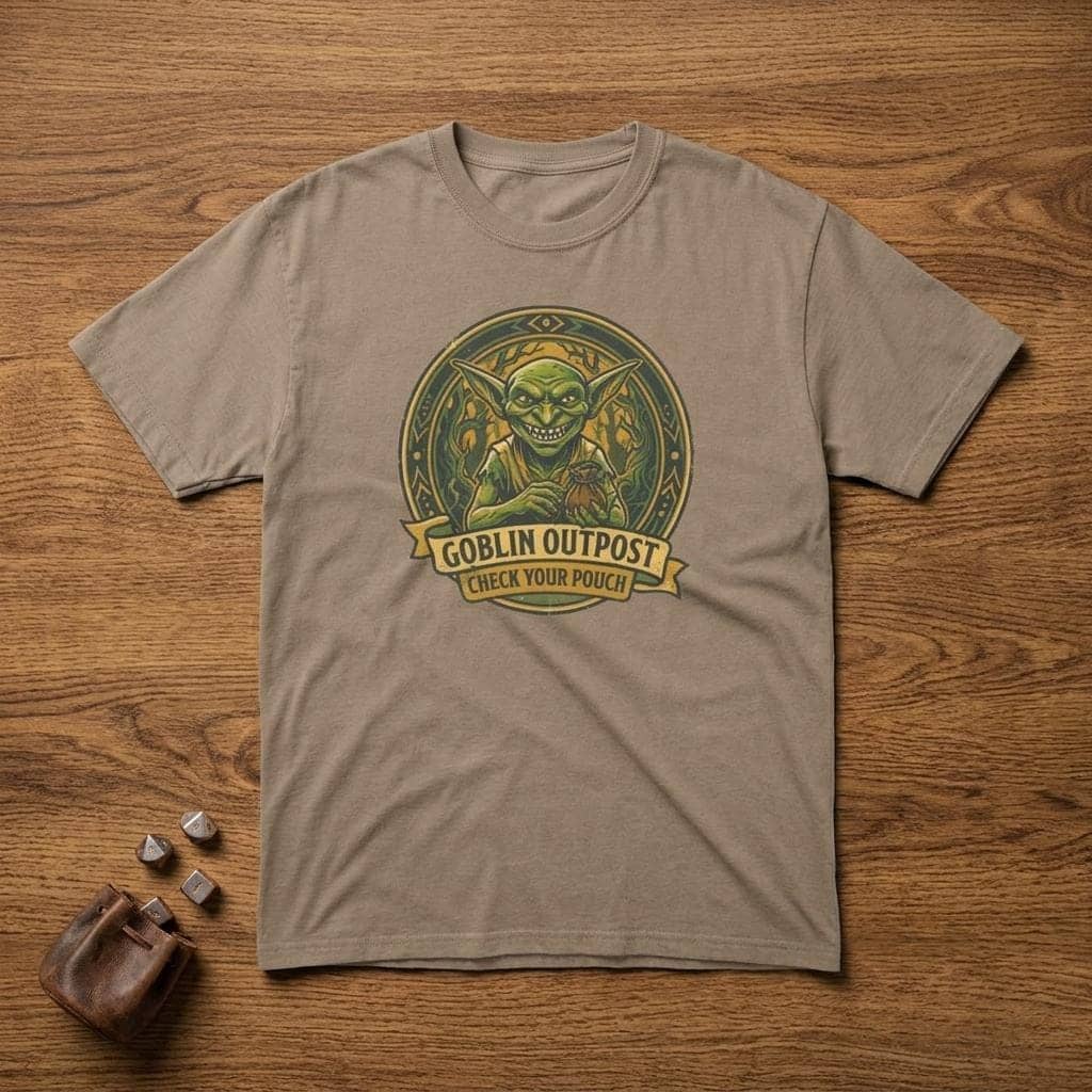 Deadpan national park style graphic tee warning tabletop adventurers to guard their coin pouches from grinning goblin scavengers, shown laid flat among dice