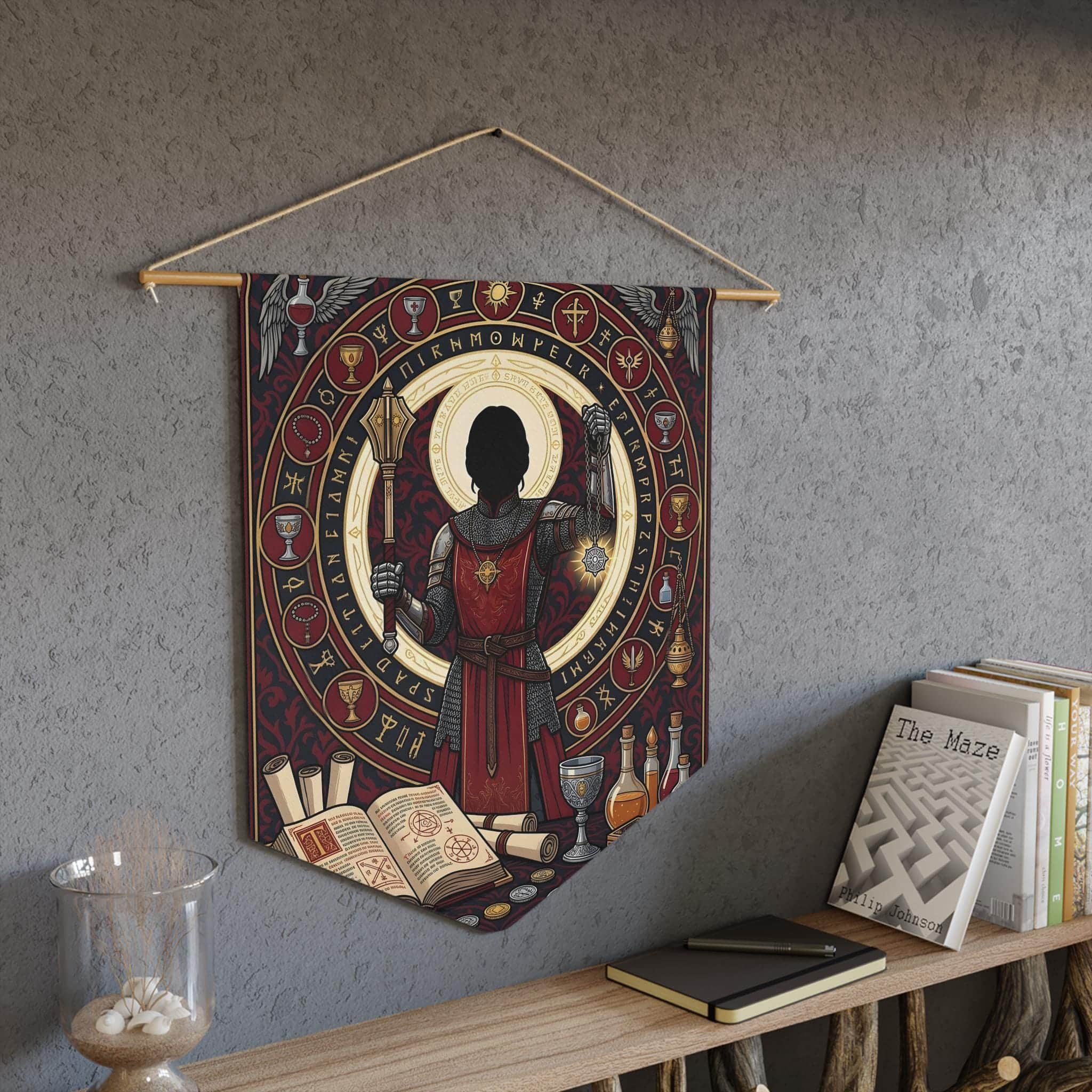 Divine fantasy female cleric illustration framed by glowing ivory sacred circles and holy relics, printed on a pennant, in a room setting
