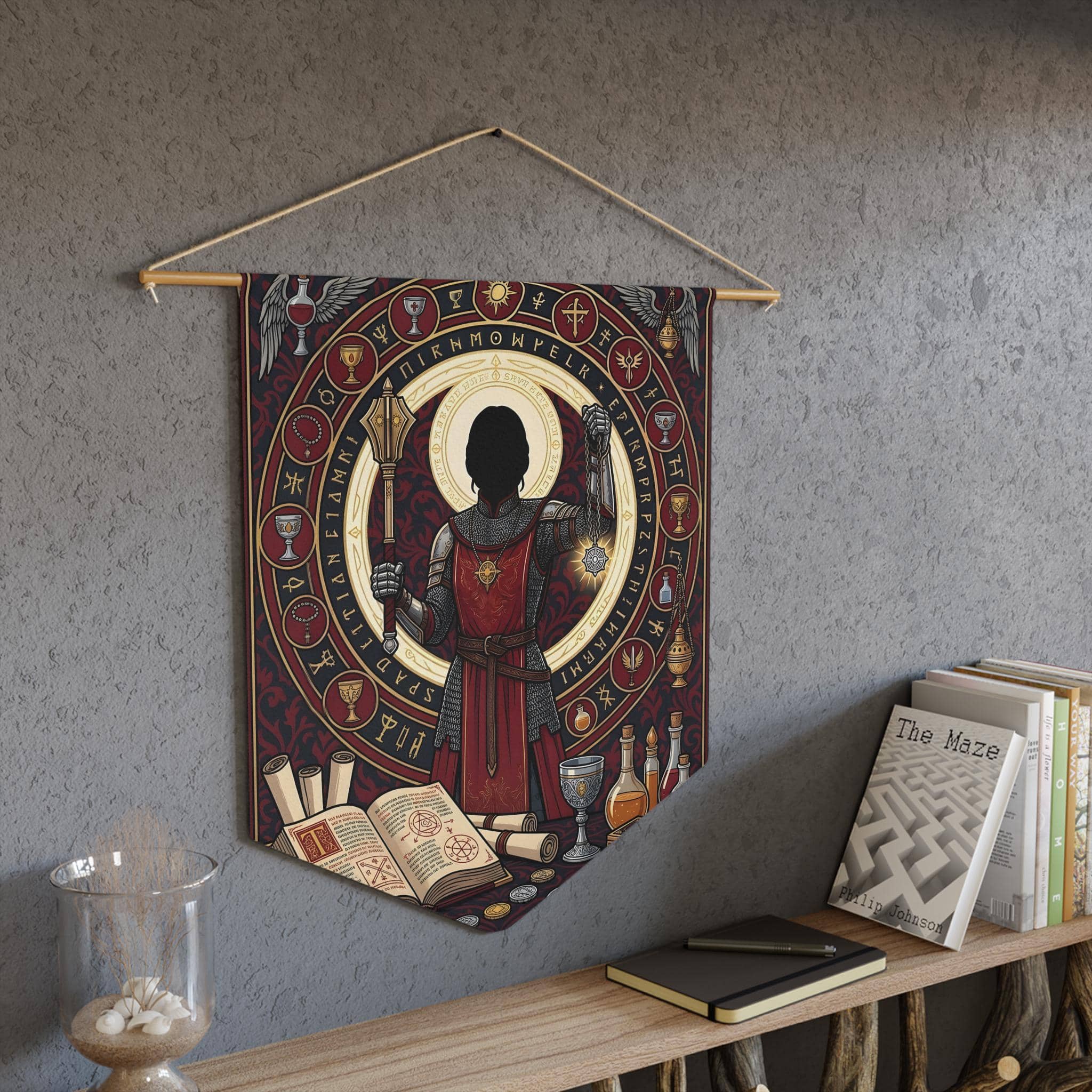 Divine fantasy female cleric illustration framed by glowing ivory sacred circles and holy relics, printed on a pennant, in a room setting