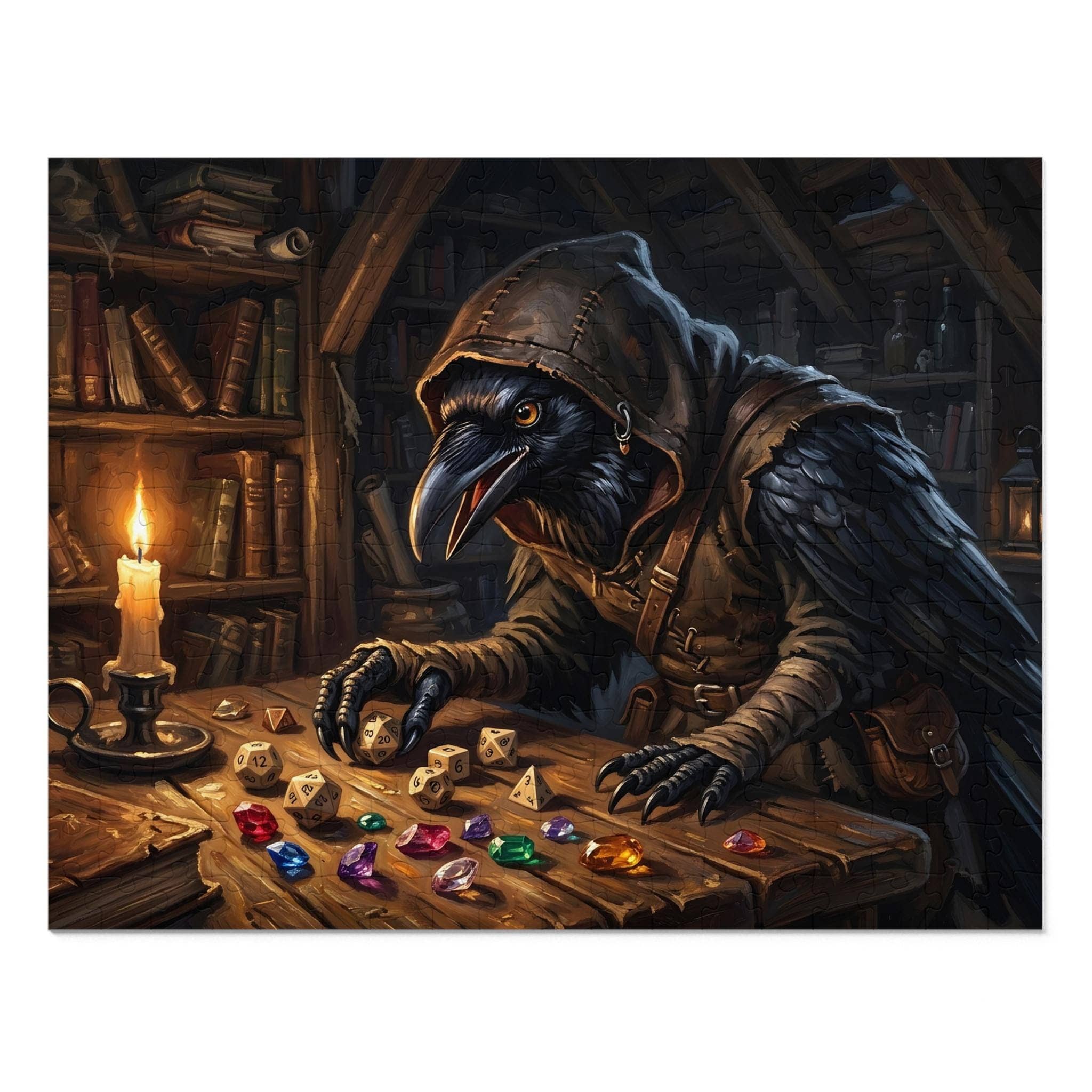 A richly rendered fantasy jigsaw puzzle showcasing an inquisitive raven-folk rogue sorting through a glittering hoard of polyhedral dice and stolen gems, front view