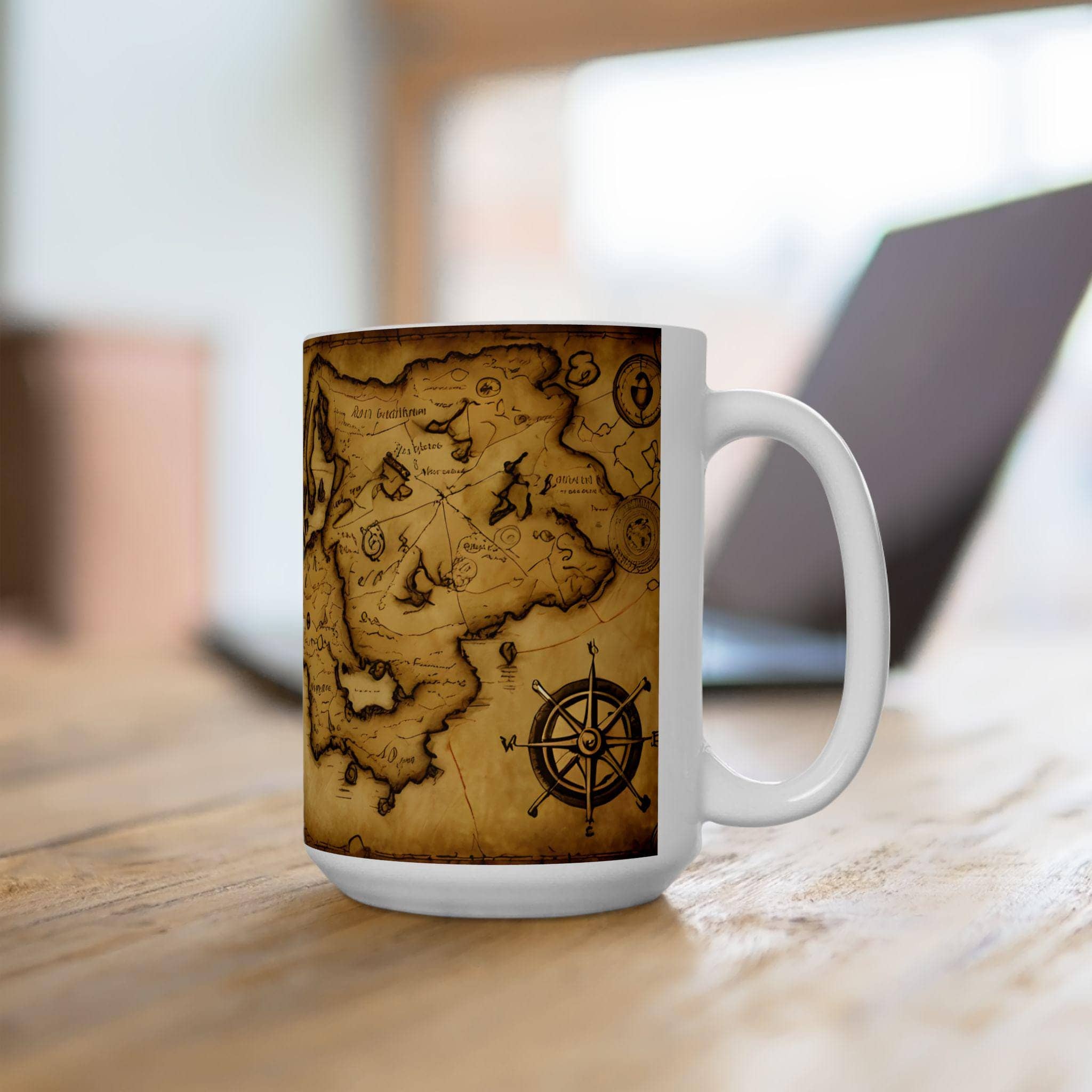 Unleash your inner adventurer with this detailed treasure map mug, in a room setting