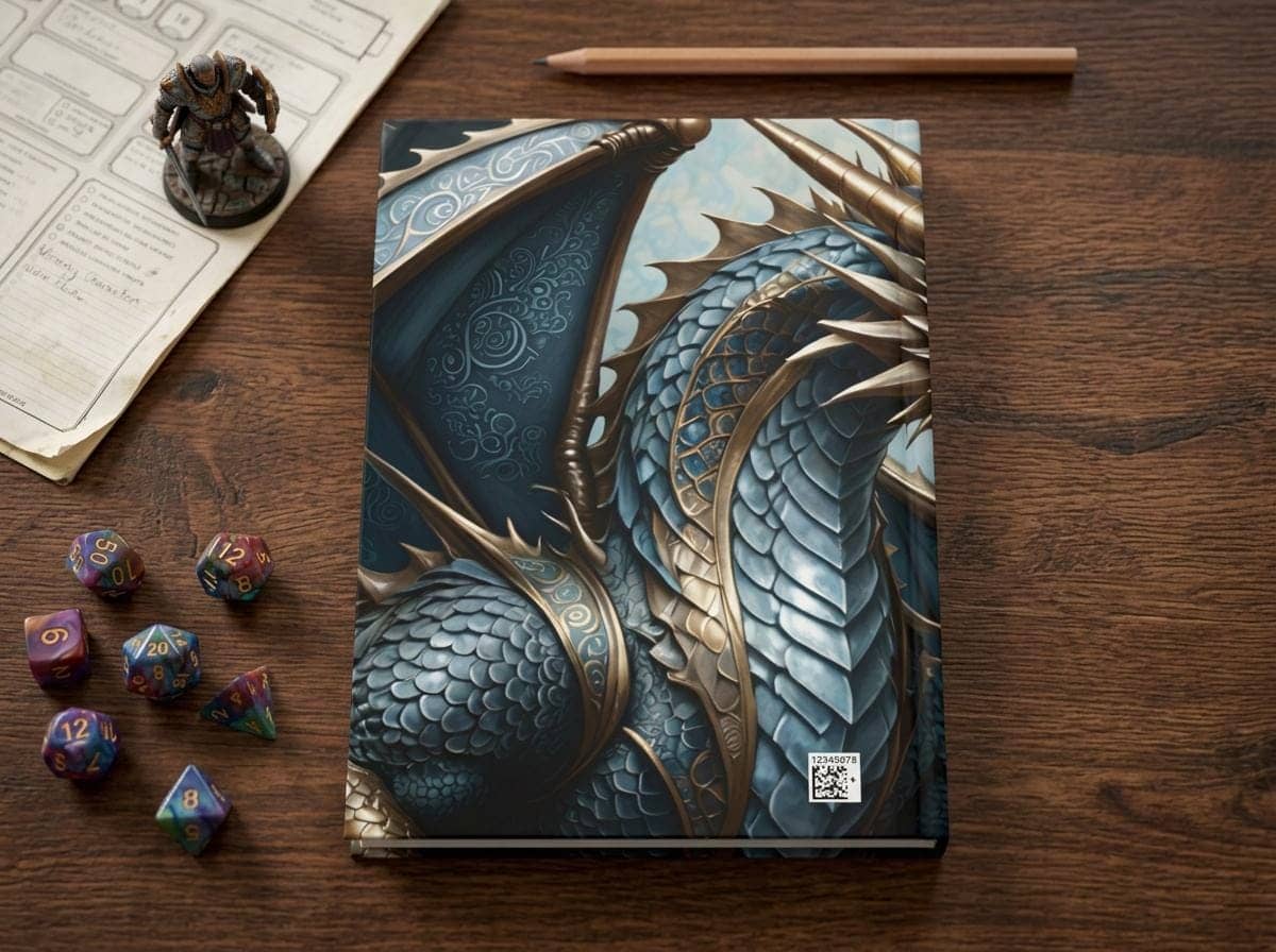 A journal with designs inspired by tabletop roleplaying characters, extending the proven 'dnd' theme, shown on the game table among dice and character sheets