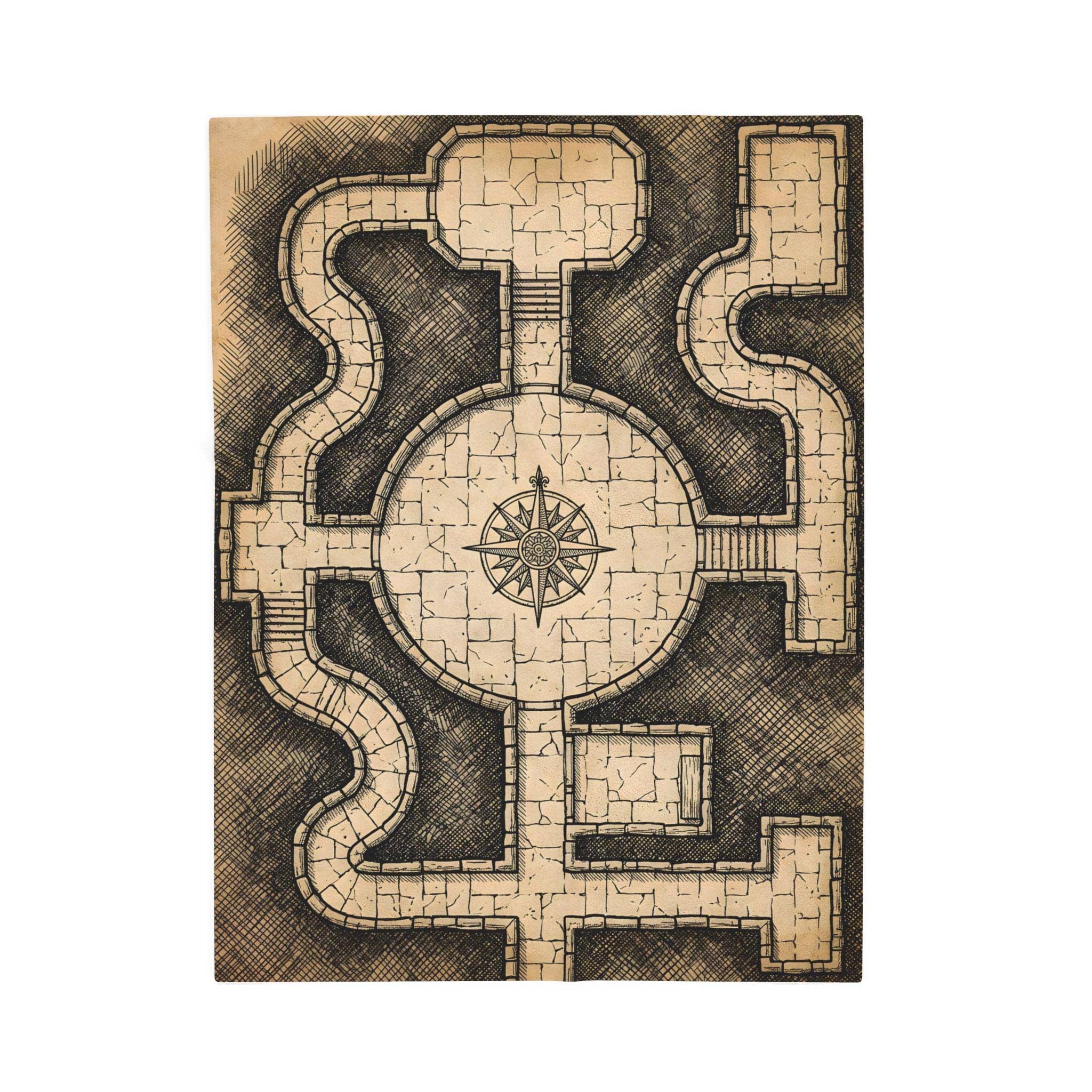 Ultra-soft fleece throw blanket printed edge-to-edge as a vintage hand-inked dungeon crawl floorplan with secret chambers and trap glyphs, front view