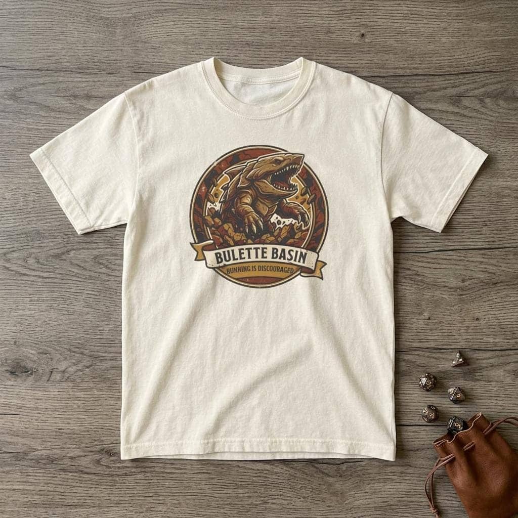 Vintage national park souvenir graphic tee featuring tabletop gaming's armored landshark burrower, paired with deadpan trail advice warning adventurers that running only draws its tremorsense, shown laid flat among dice