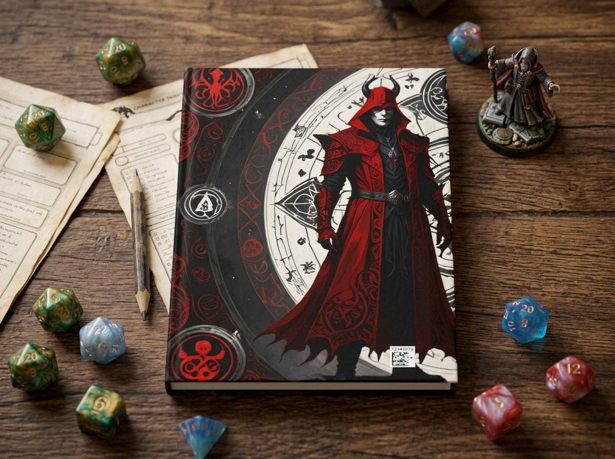 Document your fiendish pacts and dark magic in this exclusive, gothic journal, shown on the game table among dice and character sheets