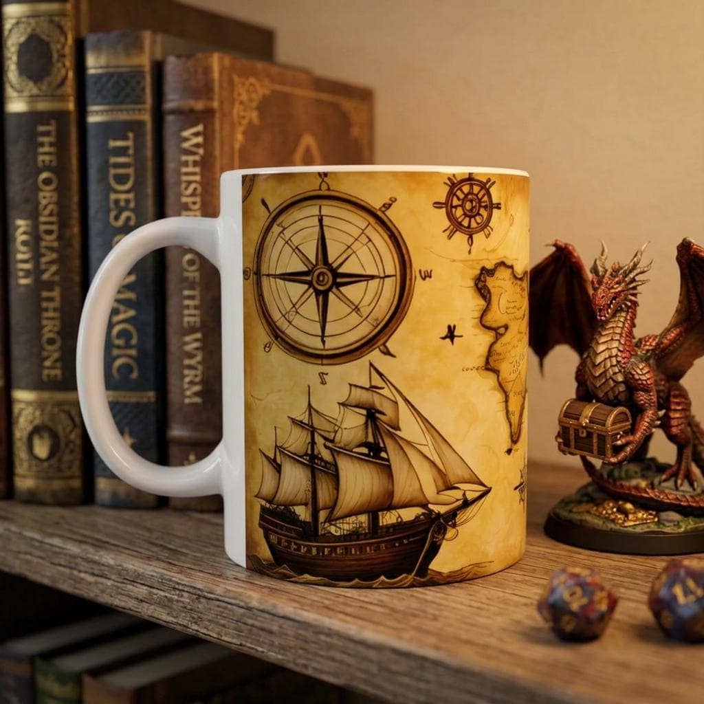 Unleash your inner adventurer with this detailed treasure map mug, shown on a shelf