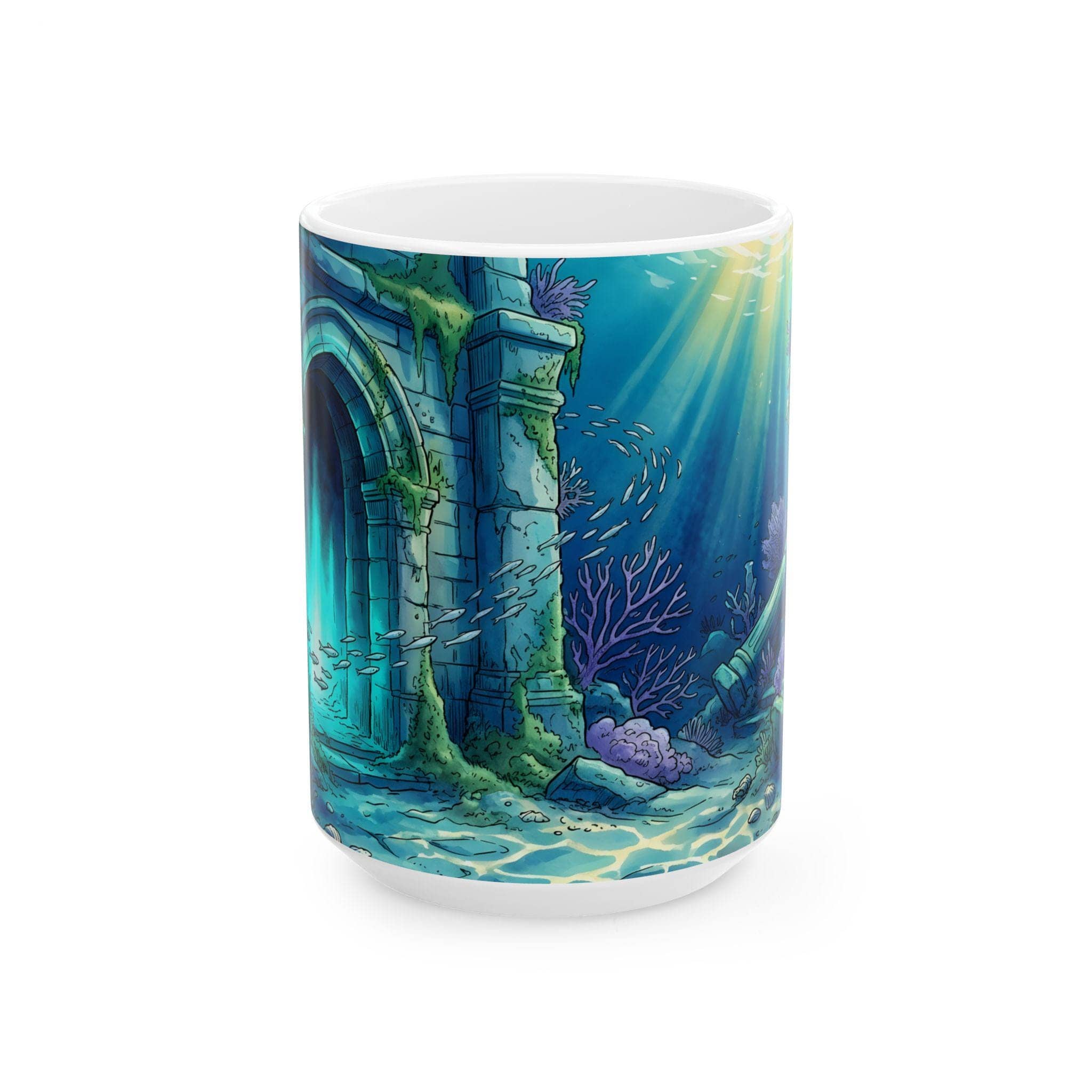 An atmospheric ceramic coffee mug featuring an immersive submerged fantasy ruin